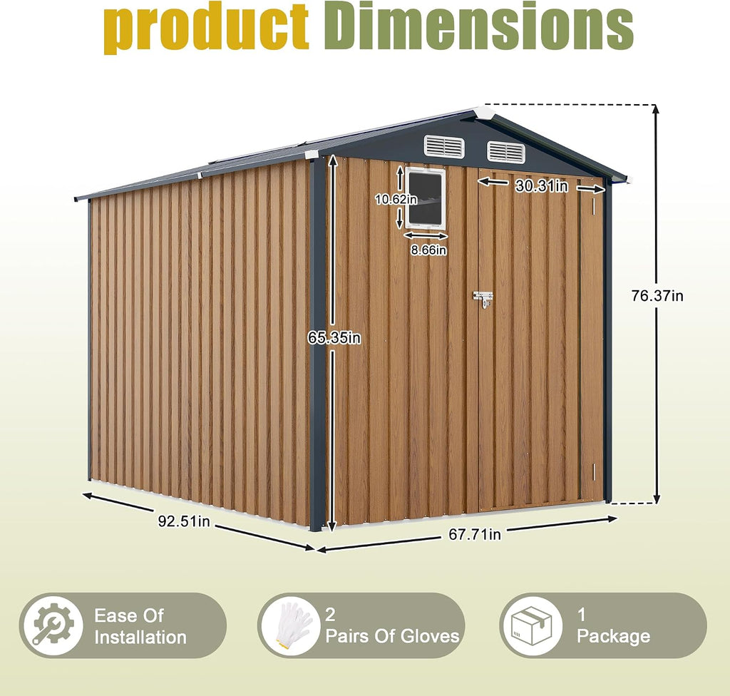 YOPTO 6x8 FT Sheds & Outdoor Storage,Steel Storage Shed with Lockable Doors and Window,Waterproof Garden Shed w/Roof Slope Design & Weather Versatility,Tool House for Storing Bicycles,Yellow