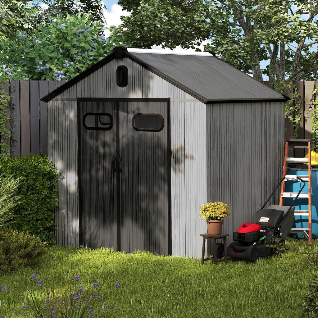 8X6 FT Outdoor Resin Storage Shed, Waterproof Plastic Garden Shed with Lockable Door, Windows & Vents, Outside Storage Tool Shed for Patio Furniture, Lawn Mower, Bike