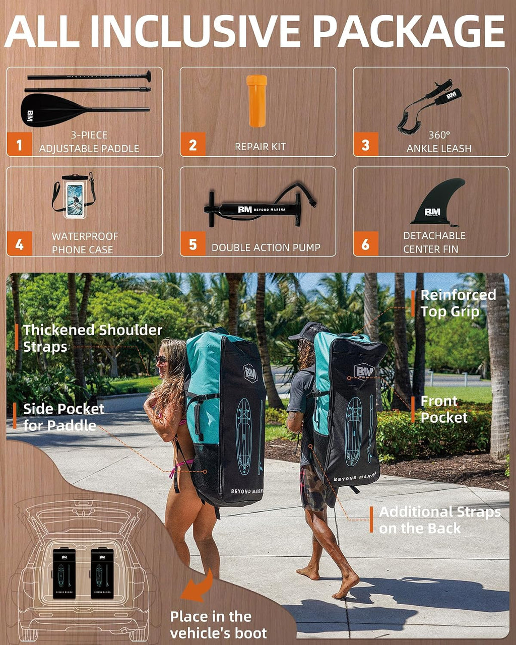 BM Paddle Board Inflatable Stand Up Paddle Board, SUP Paddleboard for Adult, Premium Accessories | Non-Slip EVA Deck & Foam Handles, Camera Mount, Double Action Pump, 85L Travel Backpack