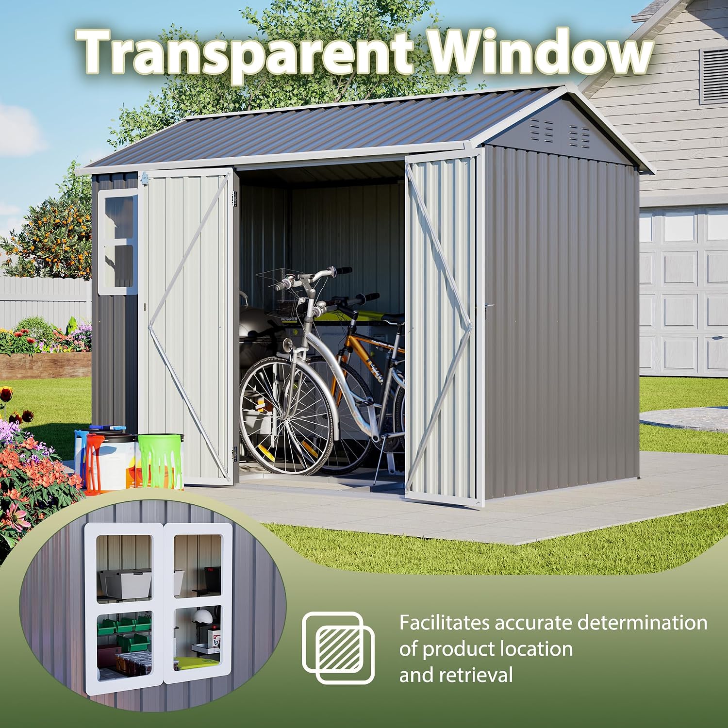 8X 6ft Outdoor Storage Shed with Clear Window, Heavy-Duty Tool Shed with Breathable Vent and Lockable Doors, Weather Resistant Steel Garden Shed