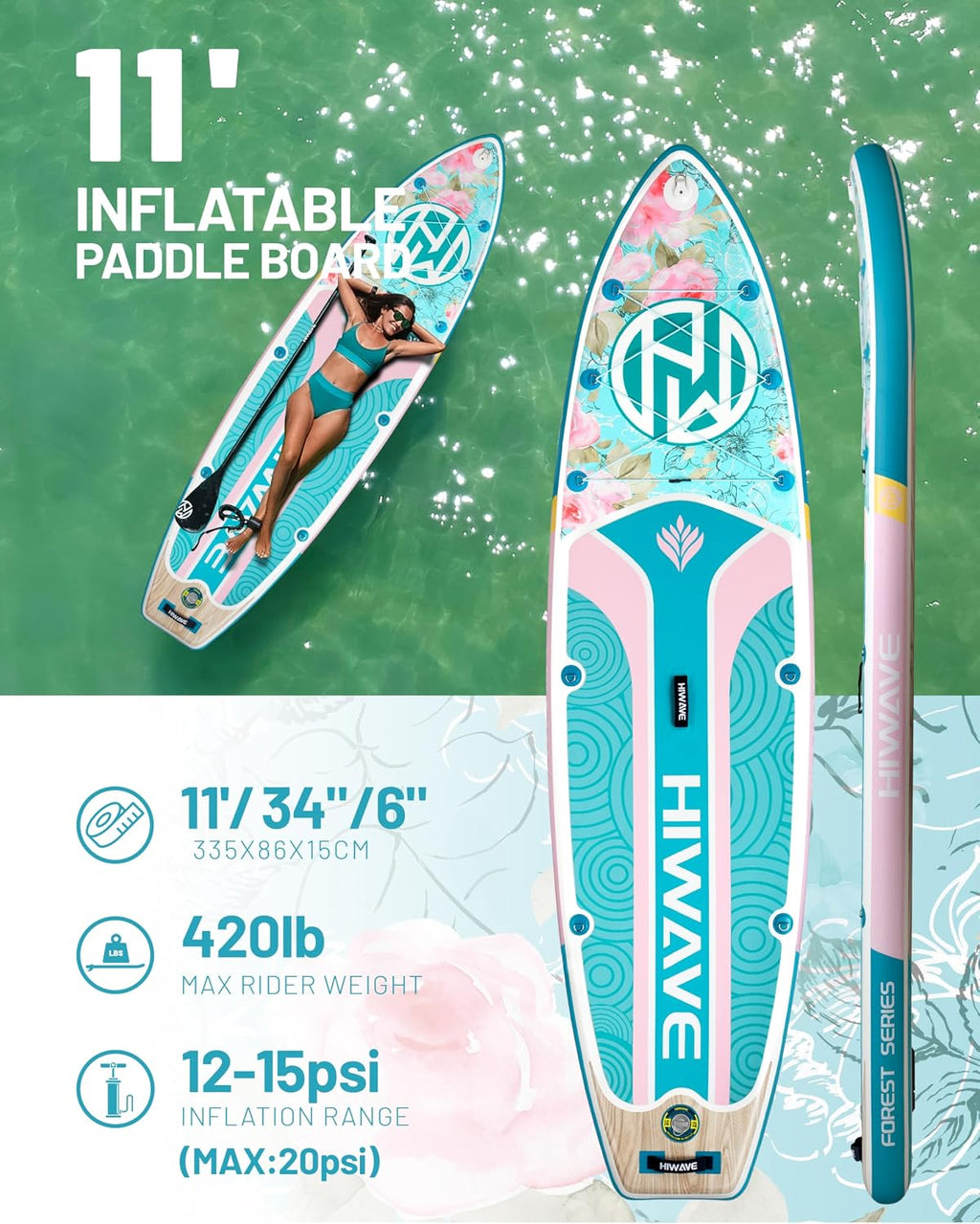 Hiwave Inflatable Paddle Board 11 '* 34 '* 6' Extra Wide Sup Board, 420lb Capacity Paddle Board for Adults, Suitable for Sea and Lakes, 2+1Family Board