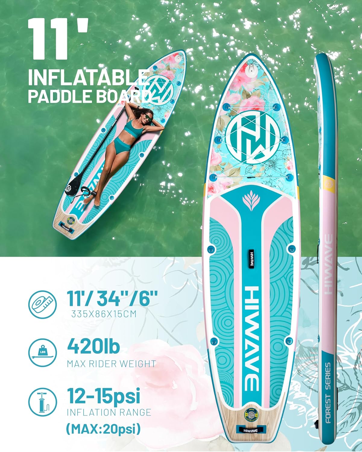 Hiwave Inflatable Paddle Board 11 '* 34 '* 6' Extra Wide Sup Board, 420lb Capacity Paddle Board for Adults, Suitable for Sea and Lakes, 2+1Family Board