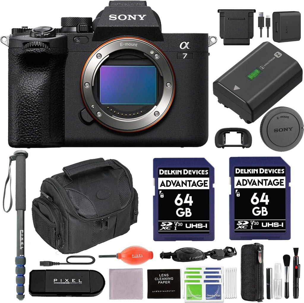 Sony a7 IV Mirrorless Digital Camera Bundle with Gadget Bag, 64GB SD Card (2Pc), Monopod, Hand/Wrist Strap + More | Sony Alpha 7 IV