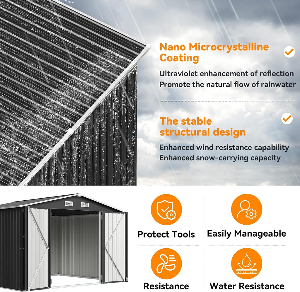 10x8FT Outdoor Storage Shed, Metal Garden Shed with Lockable Double Doors & Sloping Roof, Weather-Resistant Tool Shed for Backyard, Patio, Poolside Black