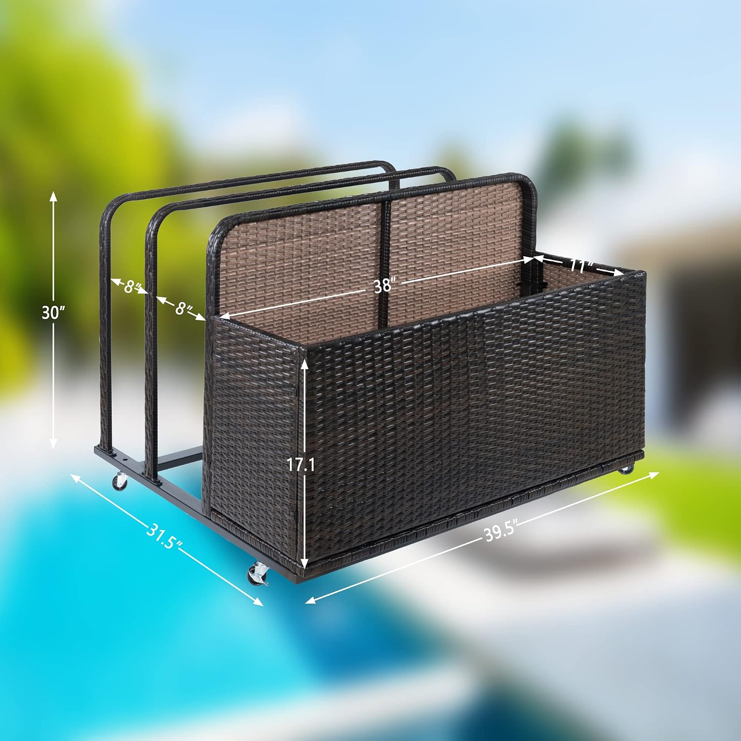 Double Layer Poolside Float Storage, Outdoor Storage, PE Rattan Outdoor Pool Caddy with Rolling Wheels for Floaties, Patio Poolside Float Storage Basket, Storage Box, Patio, Pool, Beach-Sturdy