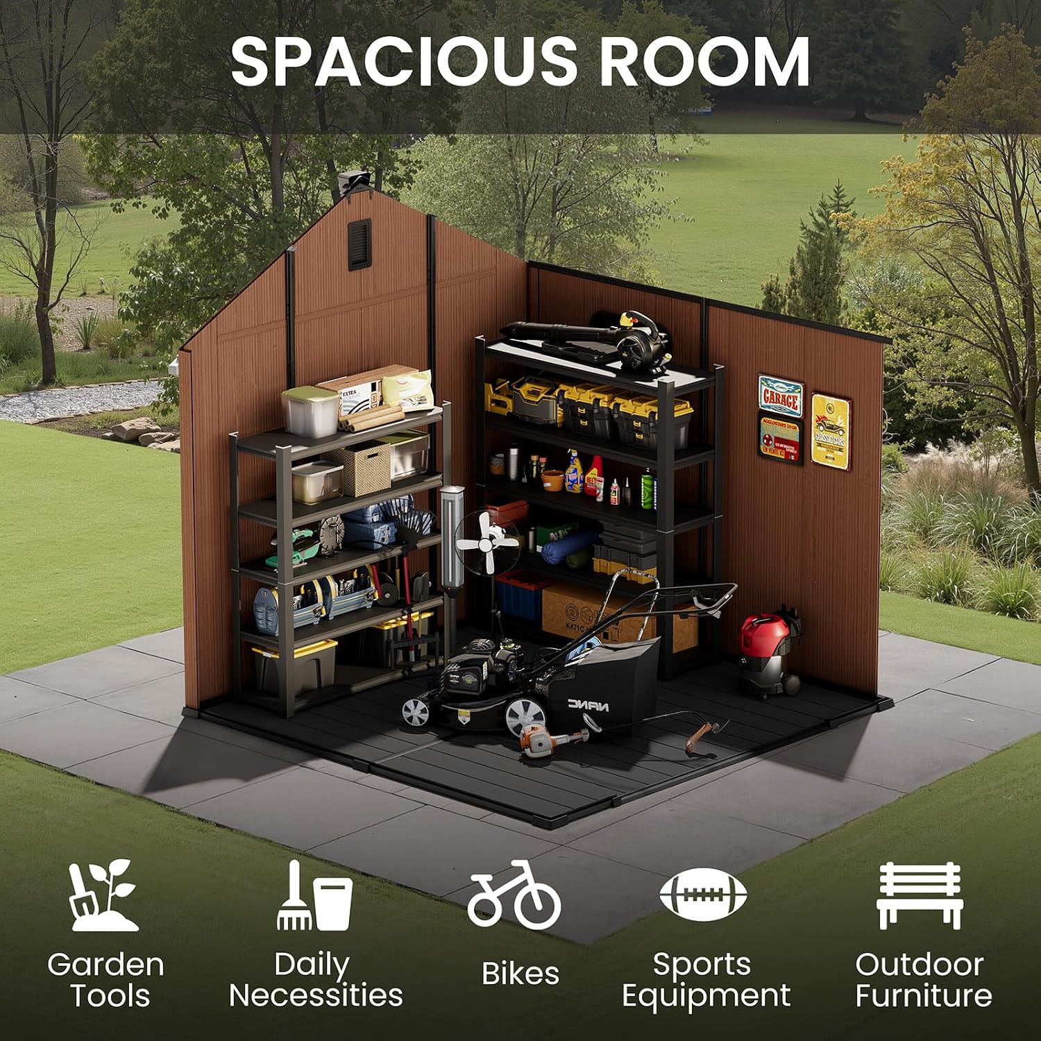 CRESTLIVE 8x8 FT Rust-Resistant Plastic Outdoor Storage Shed, Waterproof Resin Garden Shed with Floor, Doors, Skylight & Vent for Lawn Tools & Bikes