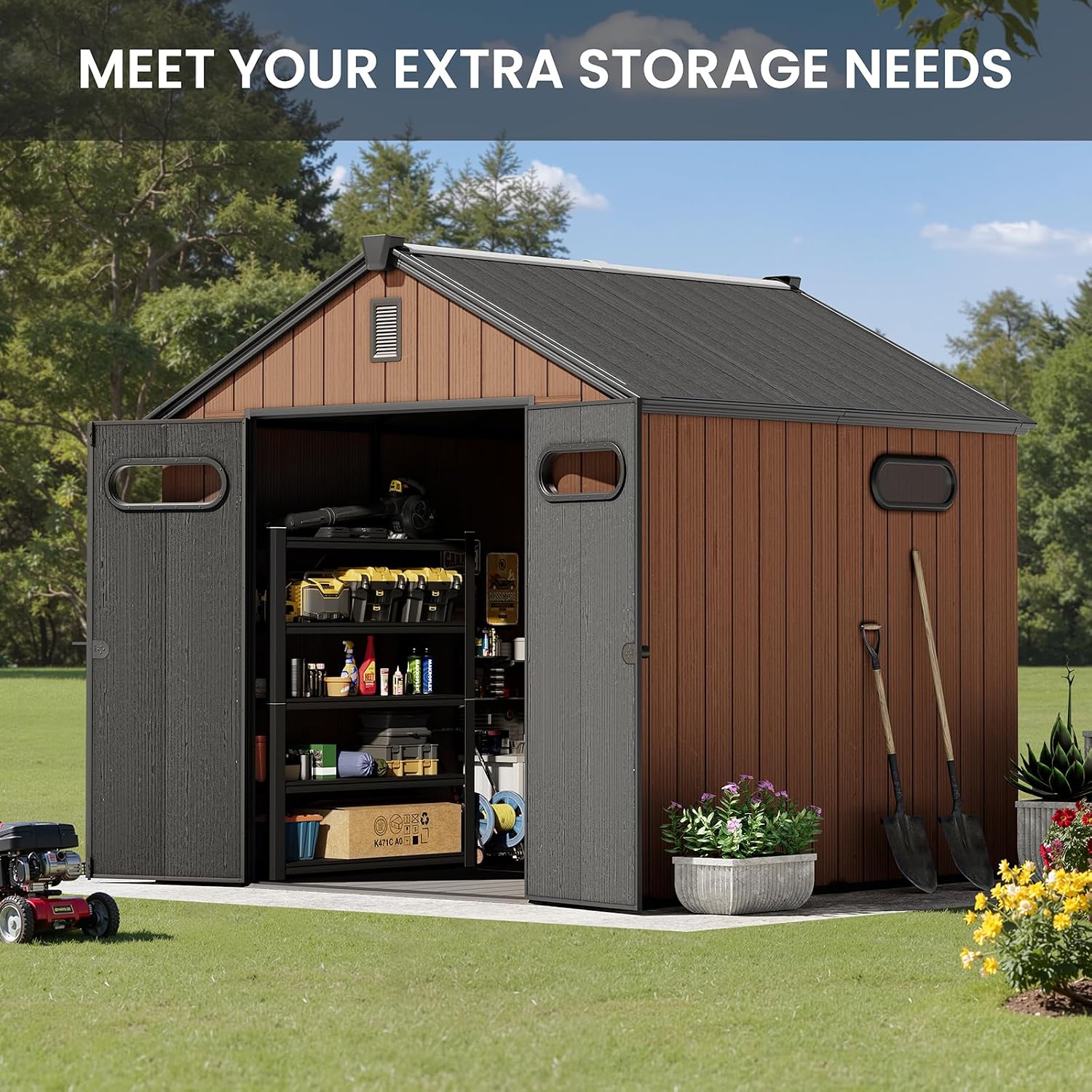 CRESTLIVE 8x8 FT Rust-Resistant Plastic Outdoor Storage Shed, Waterproof Resin Garden Shed with Floor, Doors, Skylight & Vent for Lawn Tools & Bikes