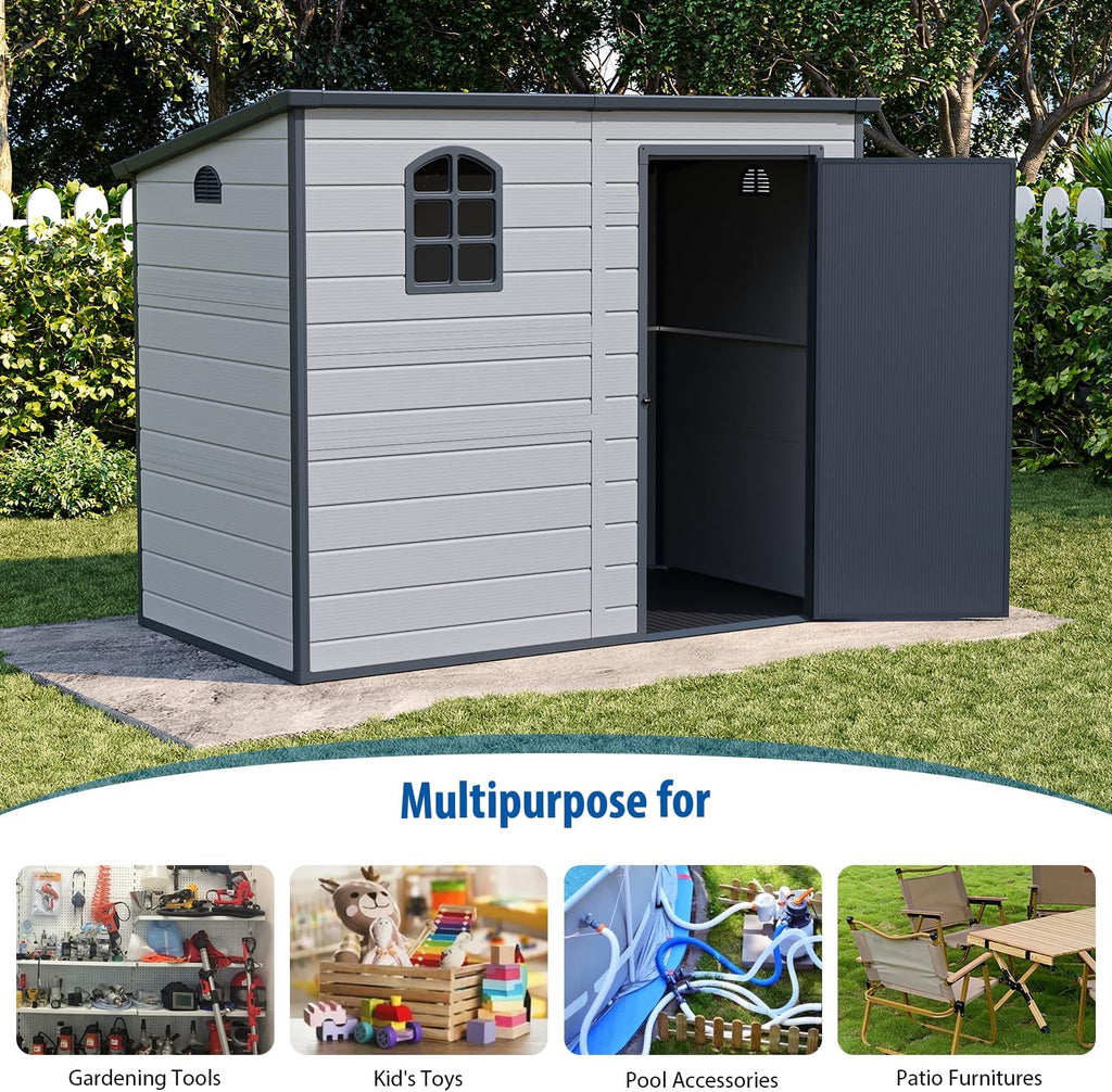 Storage shed 8.1x4.7 ft, Lean to Resin Shed, Storage Sheds Outdoor with Floor, Outdoor Sheds Garden Tools Bike Shed, Garden Sheds & Outdoor Storage Sloping Roof, Lockable Door, Window for Lawn, Patio