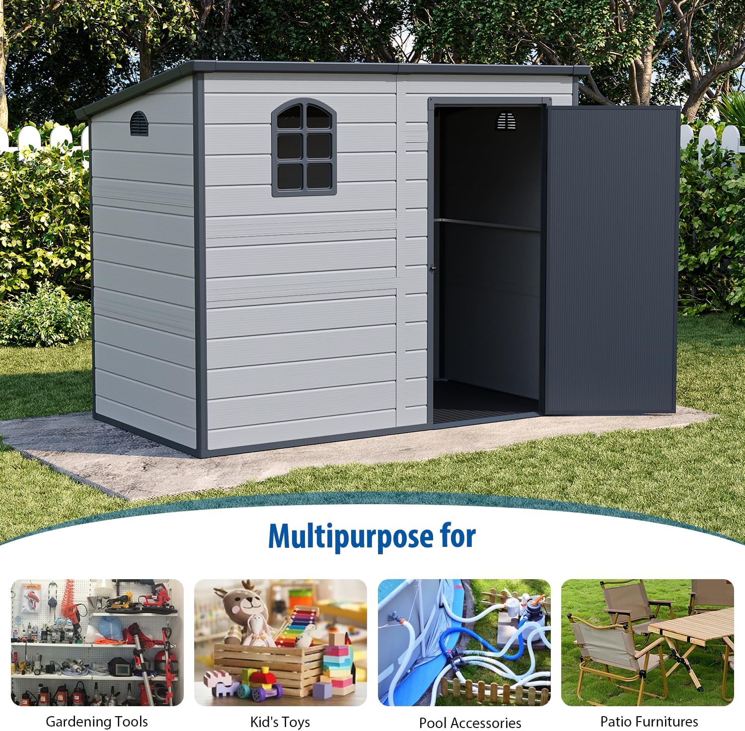 Storage shed 8.1x4.7 ft, Lean to Resin Shed, Storage Sheds Outdoor with Floor, Outdoor Sheds Garden Tools Bike Shed, Garden Sheds & Outdoor Storage Sloping Roof, Lockable Door, Window for Lawn, Patio