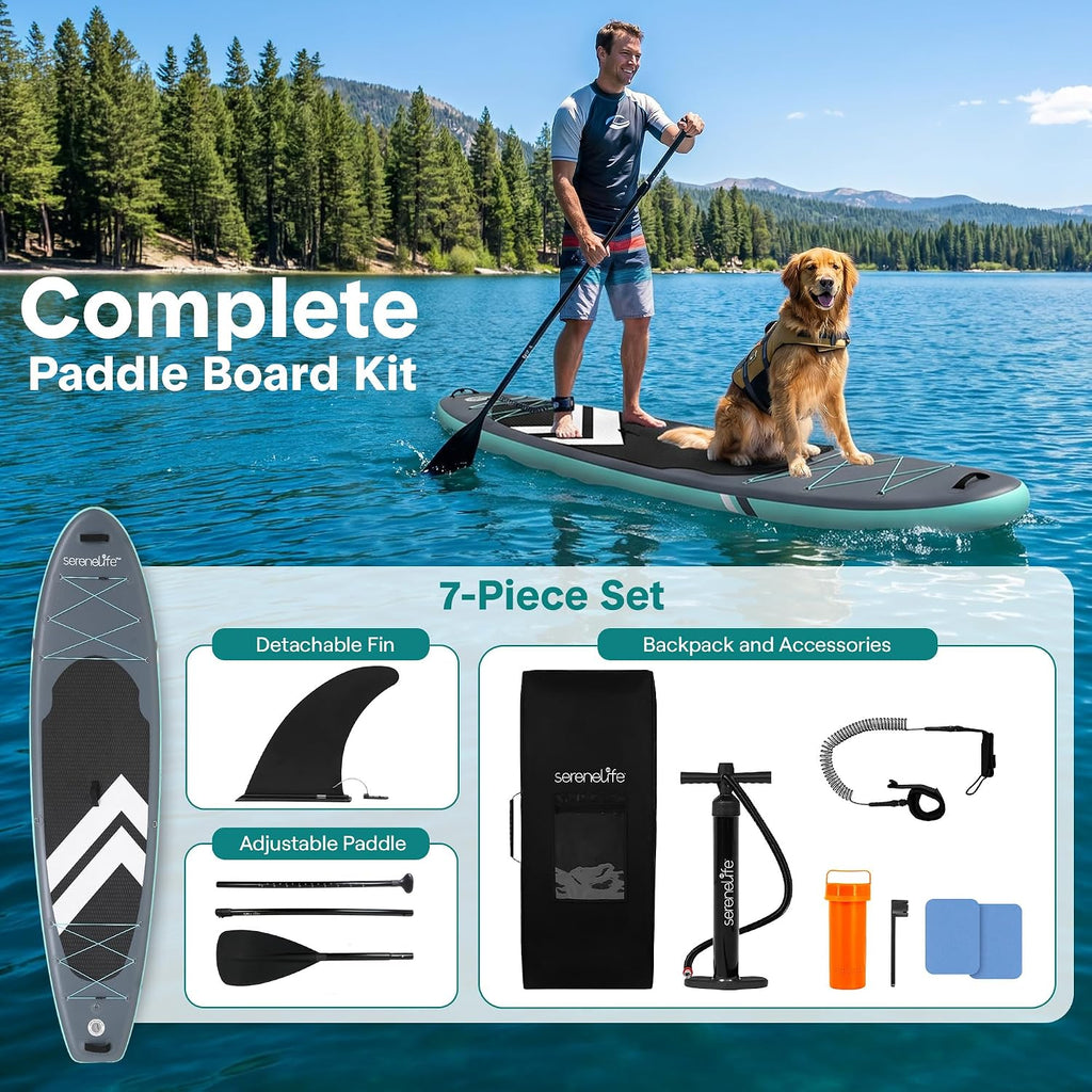 SereneLife Ultra-Light Inflatable Stand Up Paddle Board with Premium SUP Accessories - Extra Wide Stable Design with Non-Slip EVA Deck Pad for Youth and Adults of All Skill Levels - 350 lbs Capacity