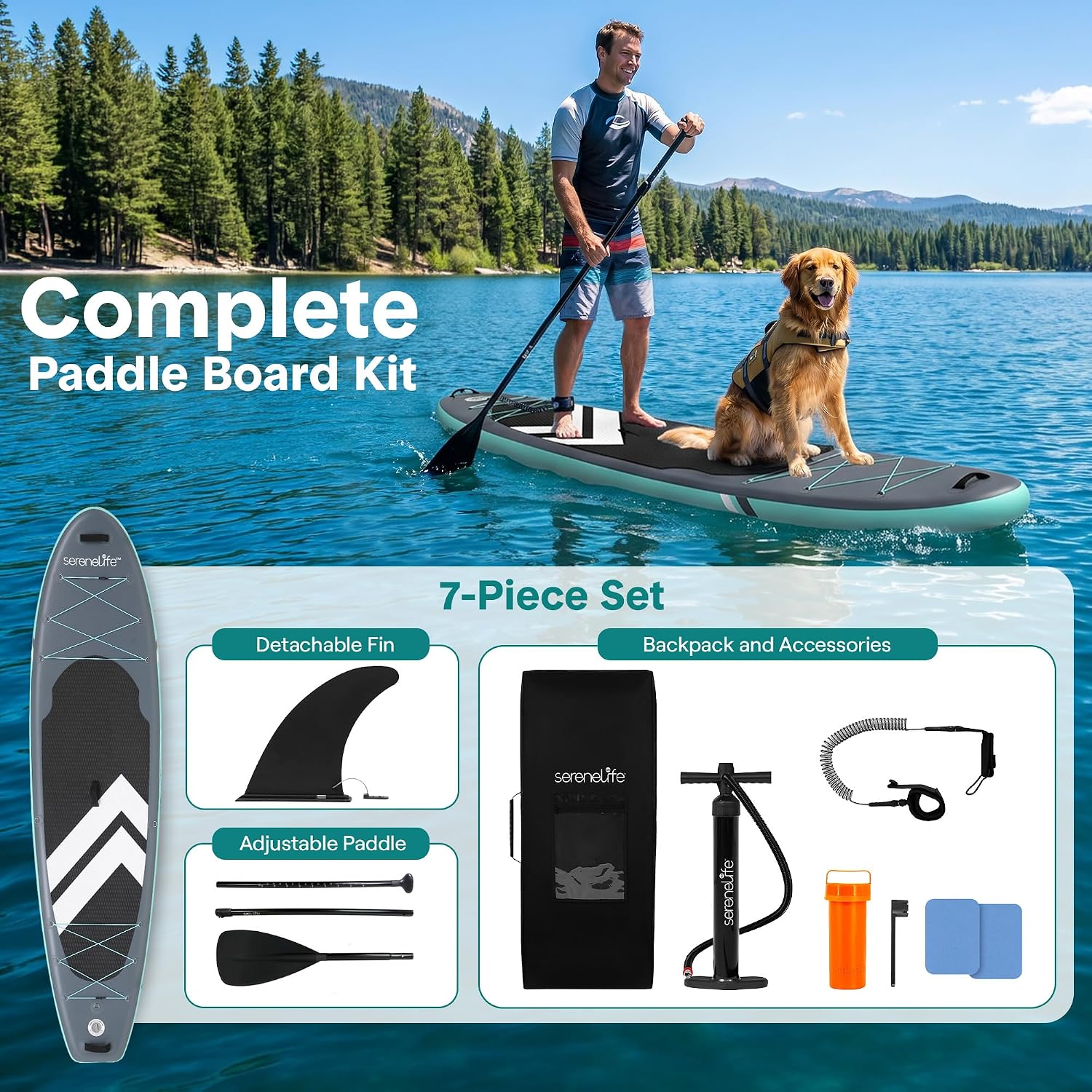 SereneLife Ultra-Light Inflatable Stand Up Paddle Board with Premium SUP Accessories - Extra Wide Stable Design with Non-Slip EVA Deck Pad for Youth and Adults of All Skill Levels - 350 lbs Capacity