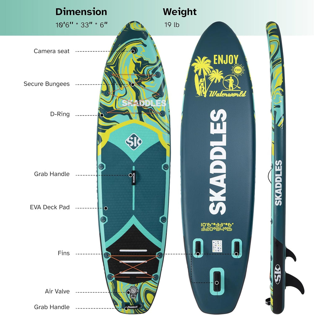10'6'' Inflatable Stand Up Paddle Board (SUP) for Adults and Youth with Non-Slip Deck – Complete Accessories Kit, for Fishing, Yoga, Fitness & Family Fun