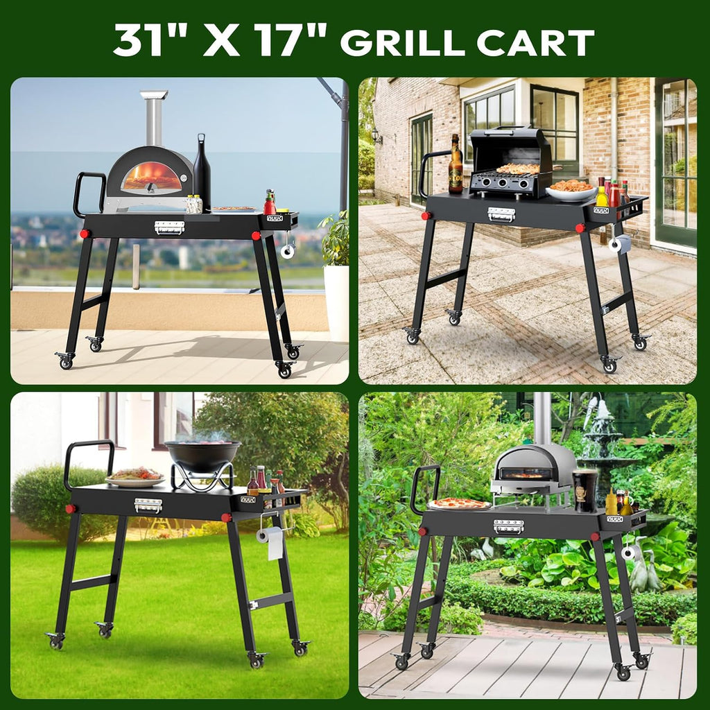 NUUK 31'x17' Heavy Duty Folding Grill Table Cart with Locking Wheels Side Shelves 300LBS Capacity for Griddles Pizza Ovens Outdoor Cooking Perfect for Outdoor Countertop and Grill Prep Table Use