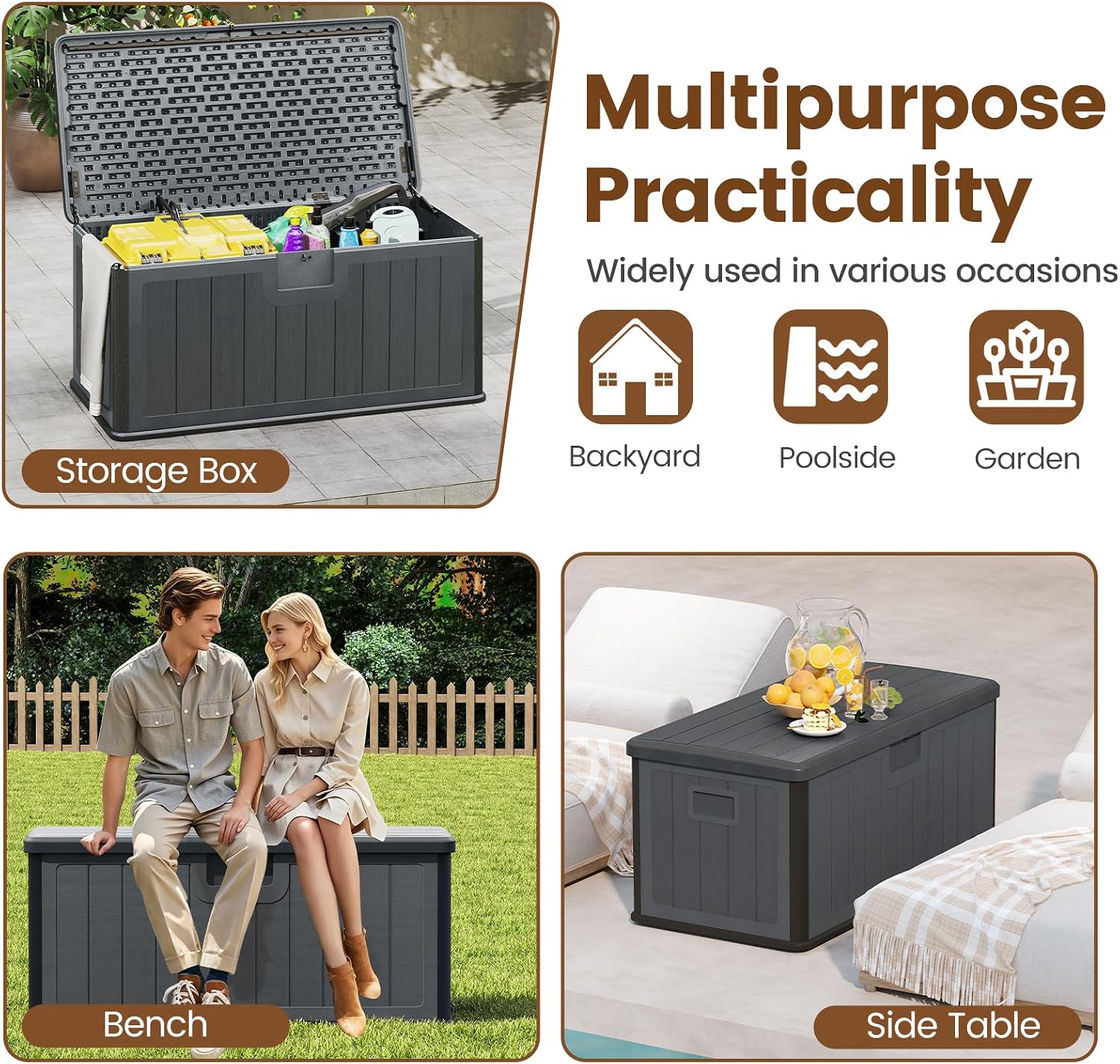 Giantex 100 Gallon Deck Box, Waterproof Resin Box with Lockable Lid, 440Lbs Outdoor HDPE Storage Container Bench for Patio Furniture Cushions, Pool Tools & Garden Accessories (Grey)