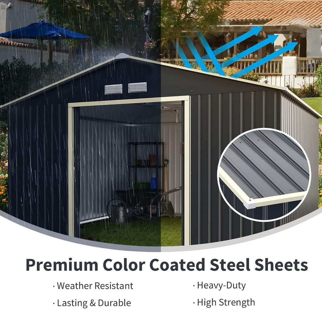 Goplus Outdoor Storage Shed, 11' X 10' Metal Garden Shed with 4 Vents & Double Sliding Door, Utility Tool Shed Storage House for Backyard, Patio, Lawn
