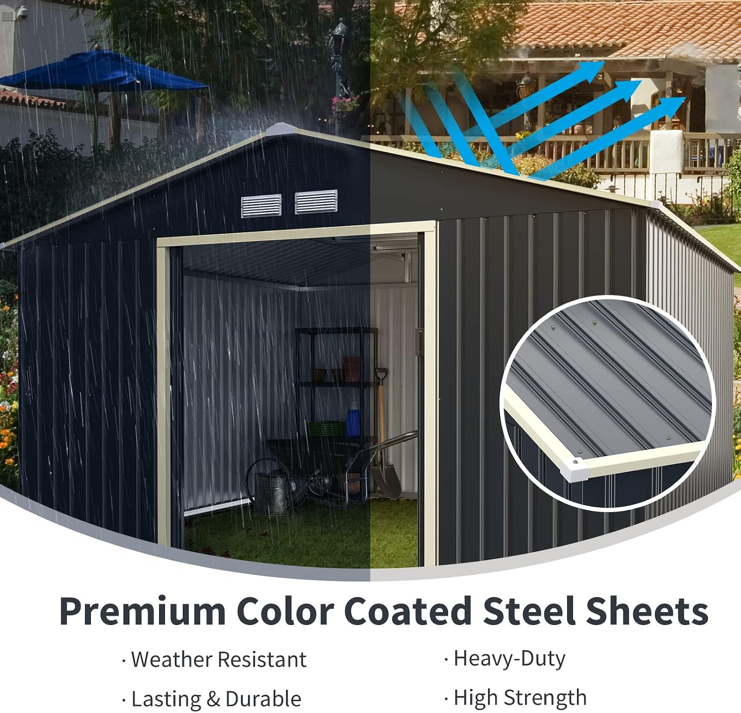 Goplus Outdoor Storage Shed, 11' X 10' Metal Garden Shed with 4 Vents & Double Sliding Door, Utility Tool Shed Storage House for Backyard, Patio, Lawn
