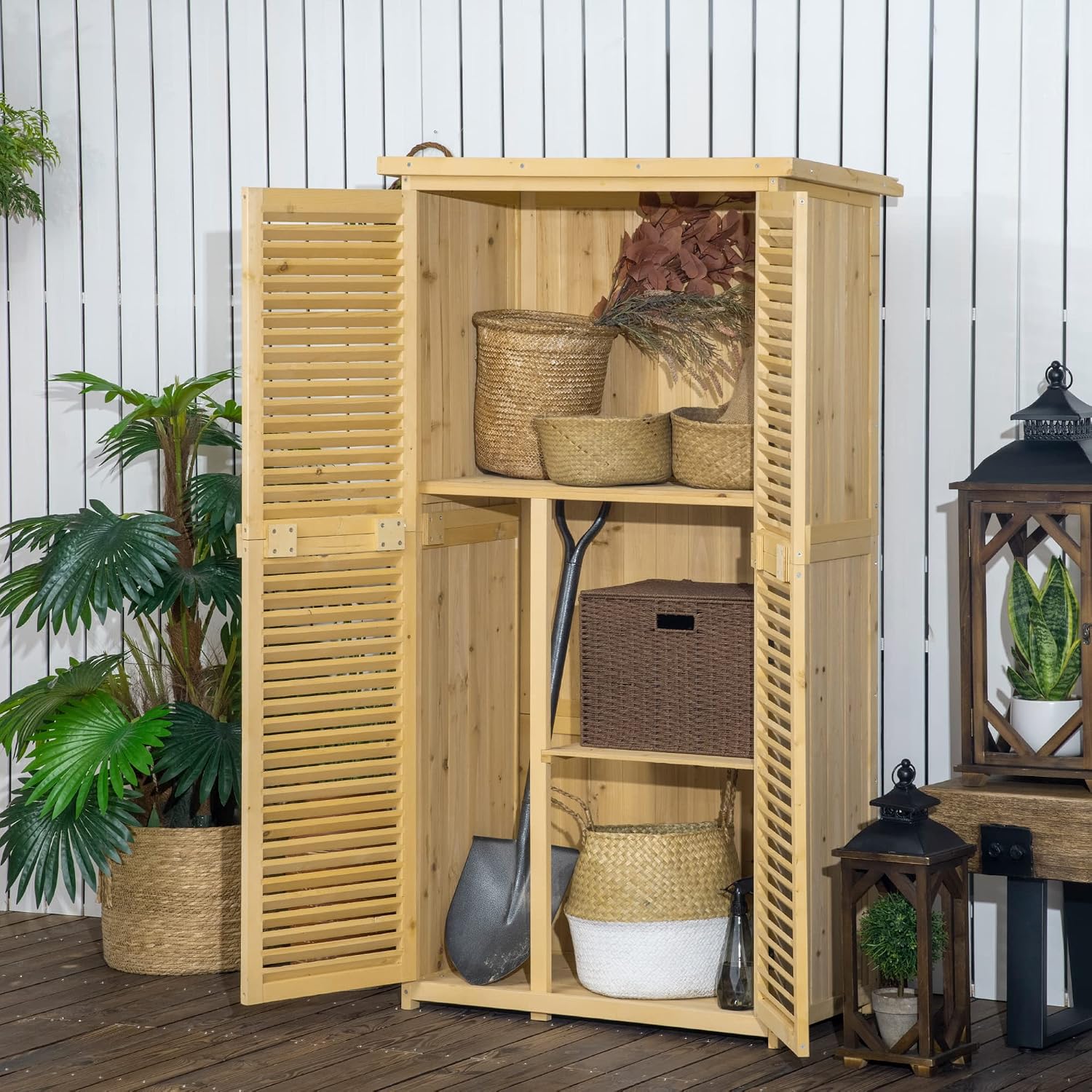 Outsunny 5' x 3' Wooden Outdoor Storage Cabinet, Garden Sheds & Outdoor Storage with Asphalt Roof & 2 Large Wood Doors with Lock, Natural