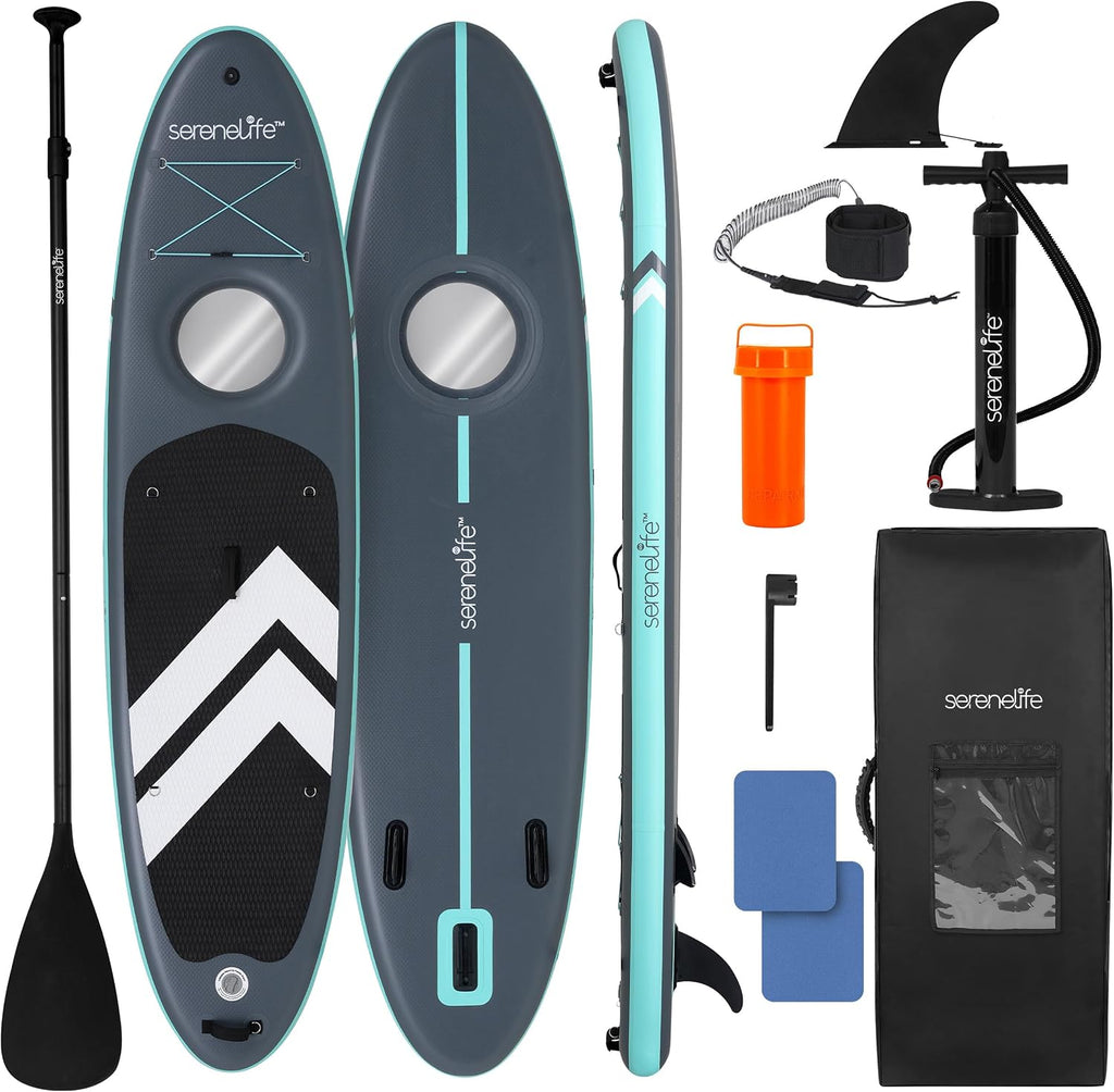 SereneLife 10'6' Inflatable Stand-Up Paddle Board with Window - 32' Wide Stable Design with Non-Slip EVA Deck Pad, Premium SUP Accessories and GoPro Mount, for Youth and Adults, 350 lbs. Capacity