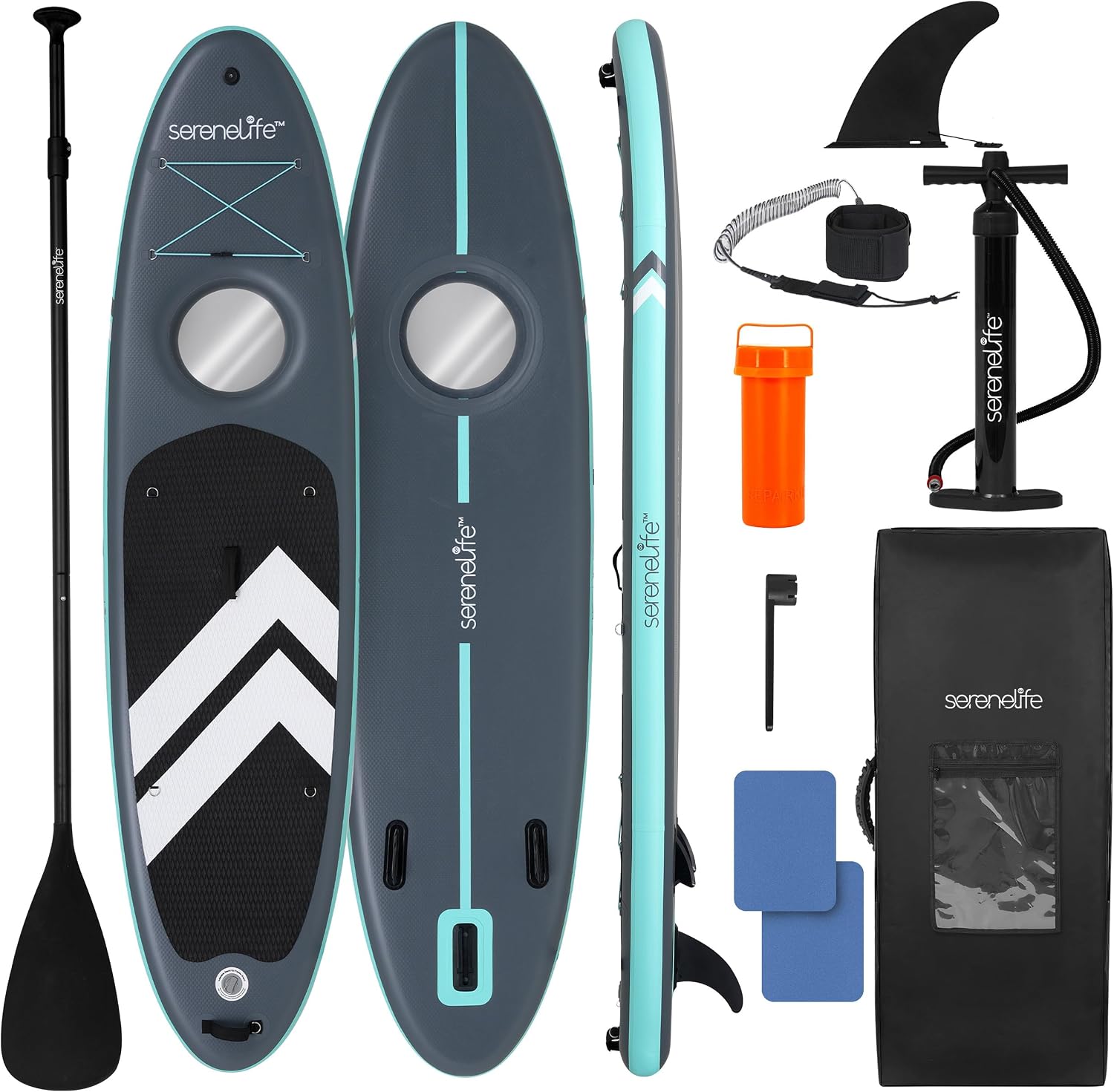 SereneLife 10'6' Inflatable Stand-Up Paddle Board with Window - 32' Wide Stable Design with Non-Slip EVA Deck Pad, Premium SUP Accessories and GoPro Mount, for Youth and Adults, 350 lbs. Capacity