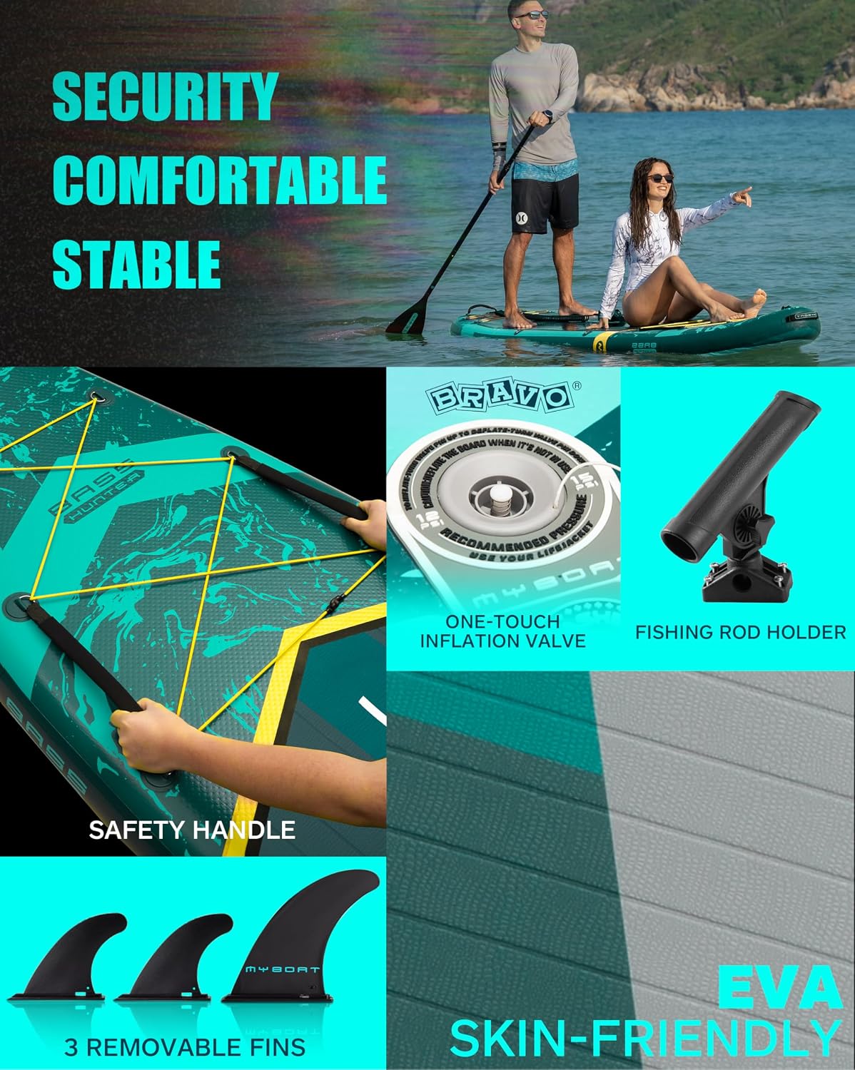 MYBOAT 11'6'×34'×6' Extra Wide Inflatable Paddle Board, Stand Up Paddle Board for Fishing, Sup Board with 3 Removable Fins, Dual Bungees, Camera Mount, Hand Pump, Strong Paddle,Leash