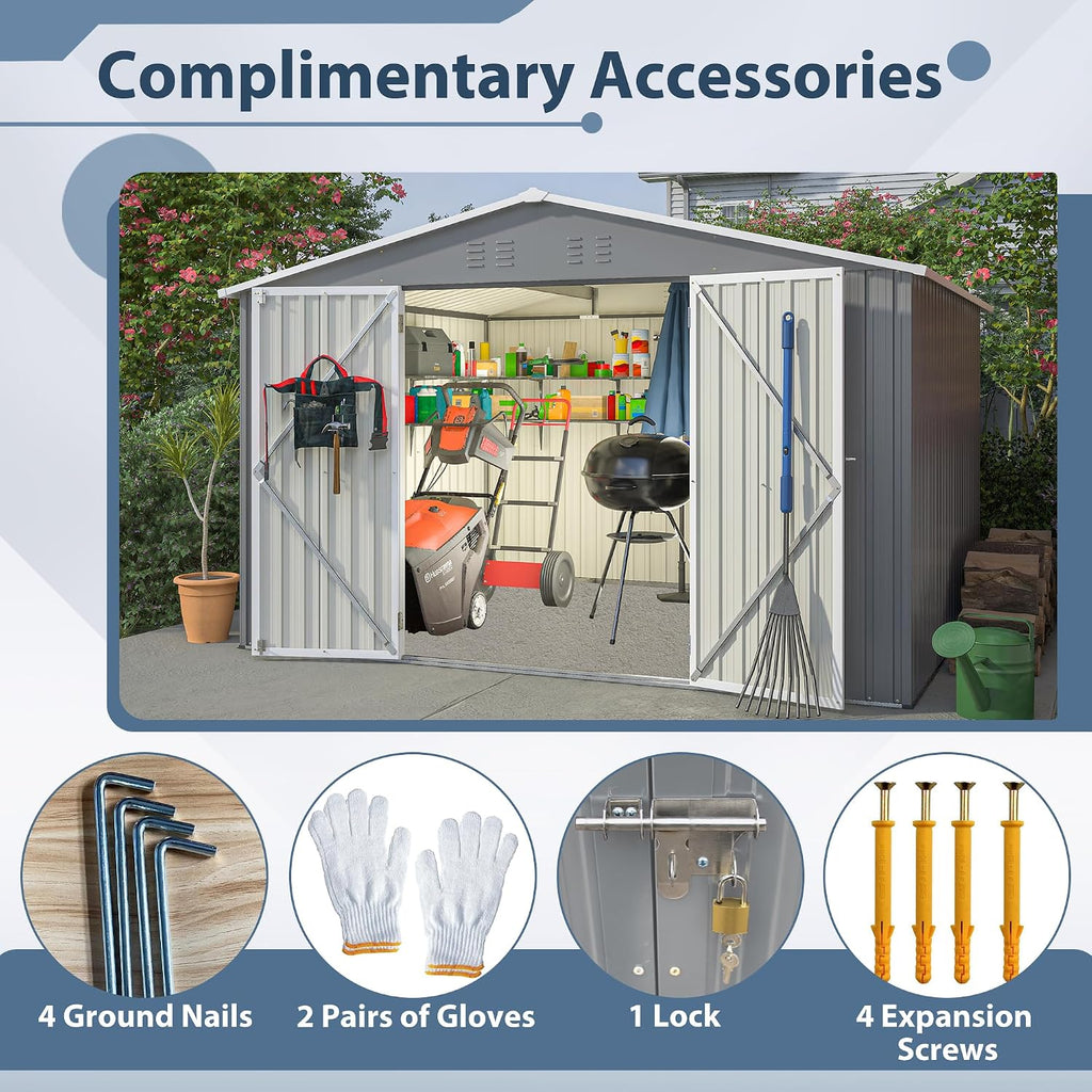 8x10 FT Outdoor Storage Shed, Metal Garden Shed with Lockable Hinged Doors, Outside Tool Shed with Sloped Roof & 4 Air Vents, Waterproof Storage Building for Backyard, Patio, Lawn, Gray
