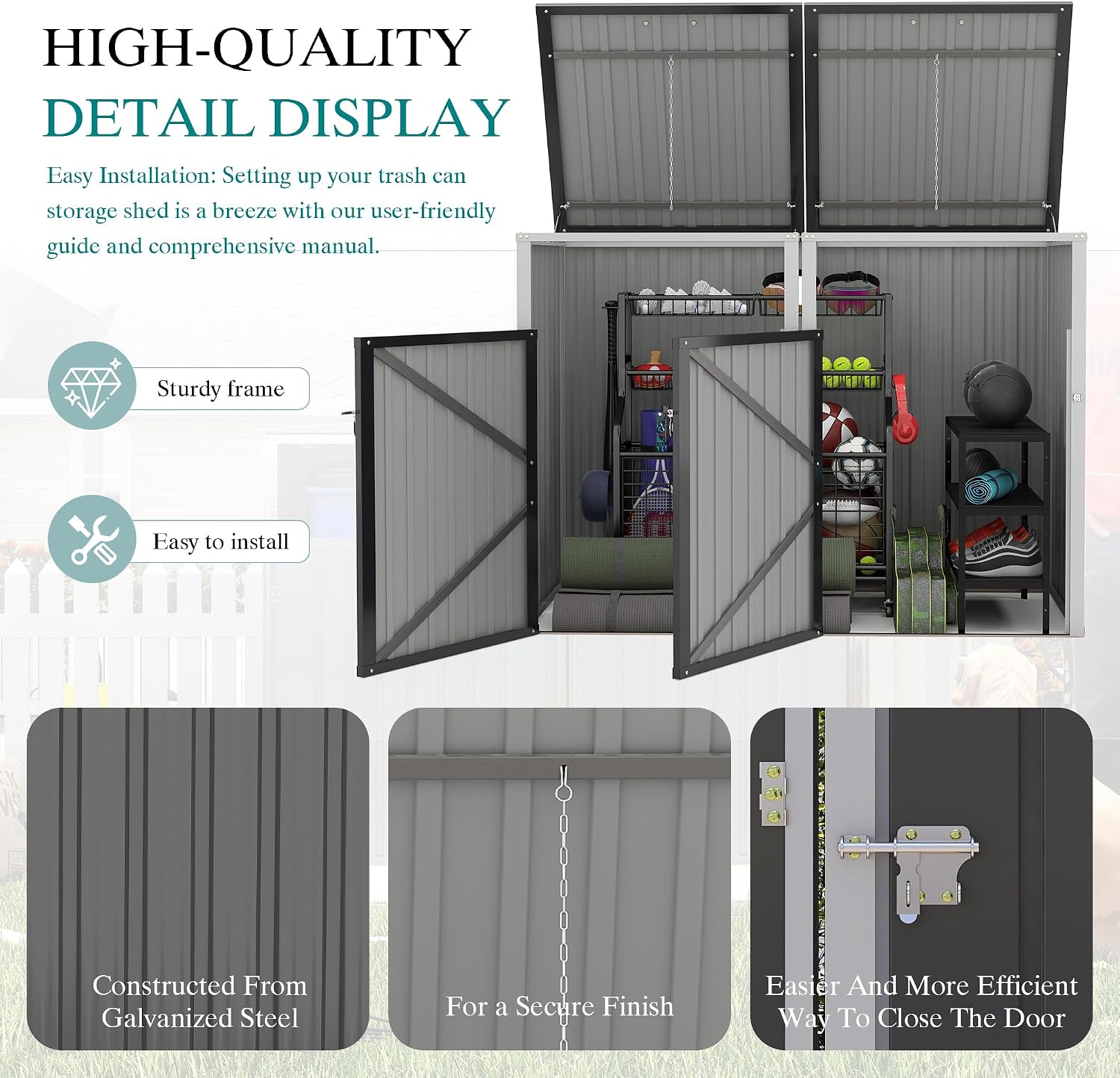 54 Cu Ft Outdoor Storage Shed, Metal Garbage Tool Trash Can Storage, Stainless Galvanized Steel, Pneumatic Support Rod, 2 Chains, Bike Storage Shed for 2 Trash Bins (Dark Gray)
