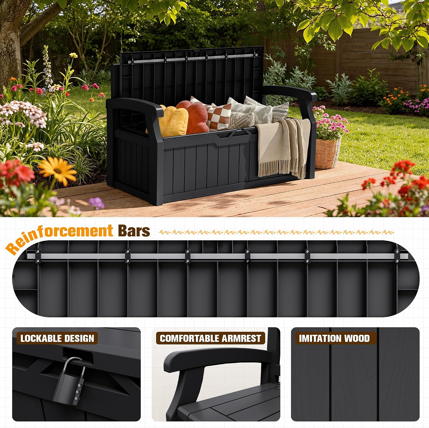 JUMMICO 80 Gallon Resin Outdoor Storage Bench with Cushion, Large Deck Box with Armrest, Lockable&Waterproof for Garden, Home, Patio, Pools (Black, 80 Gallon)