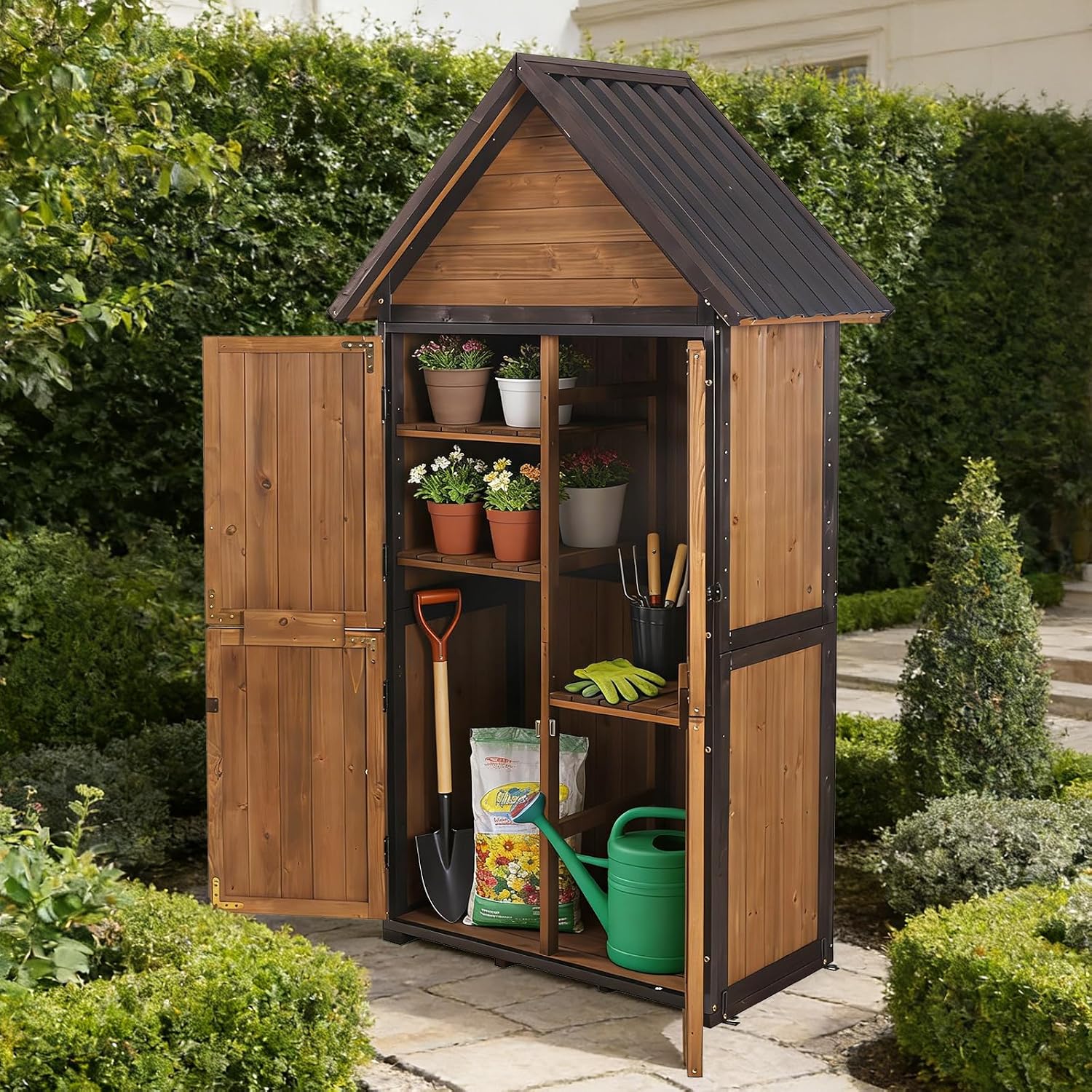Sheds Outdoor Storage, Wooden Garden Shed with All Around Strong Metal Frame, Large Tool Shed with Floor and Adjustable Shelves, for Backyard Garden Patio Lawn(Brown)