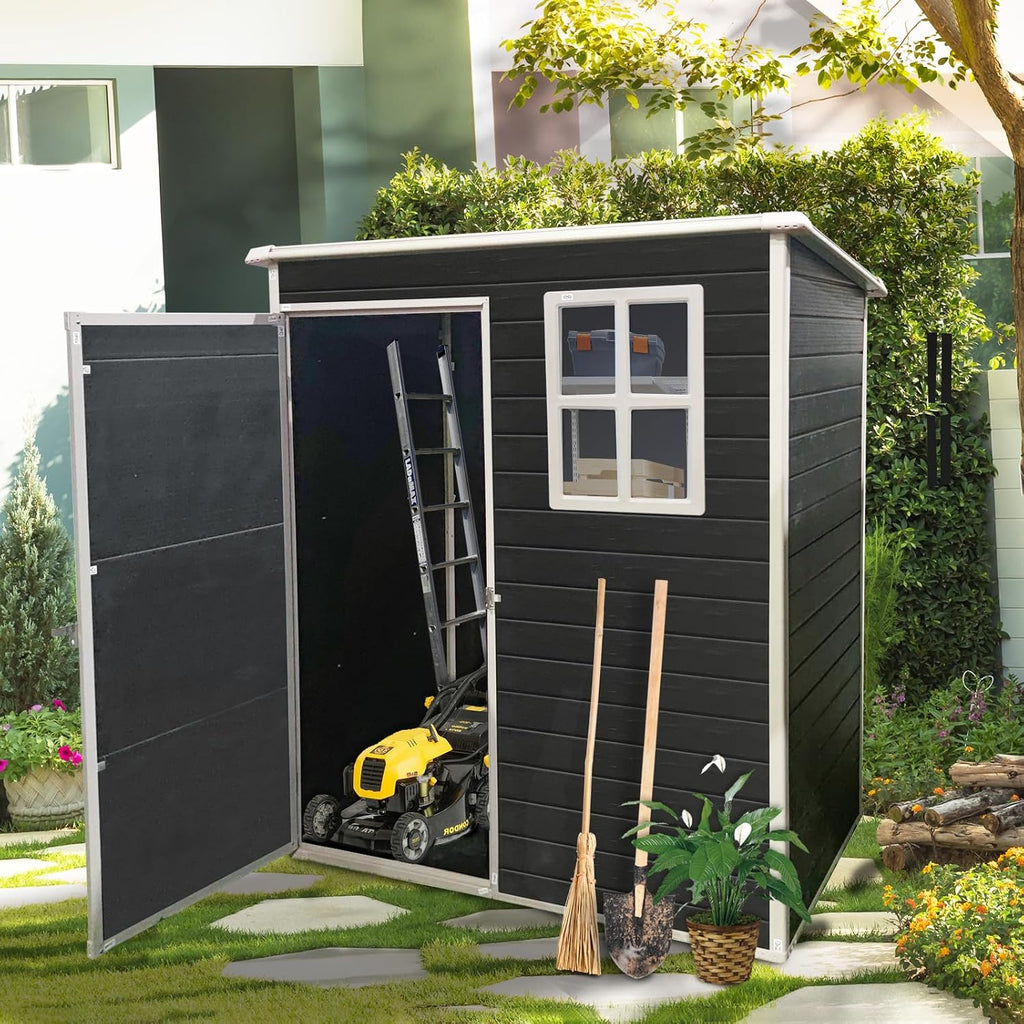 JT 5 x 3 FT Resin Outdoor Shed, Waterproof Storage Shed with Floor, Lockable Door, and Window, Garden Sheds for Backyard, Lawn, Tools (Black)