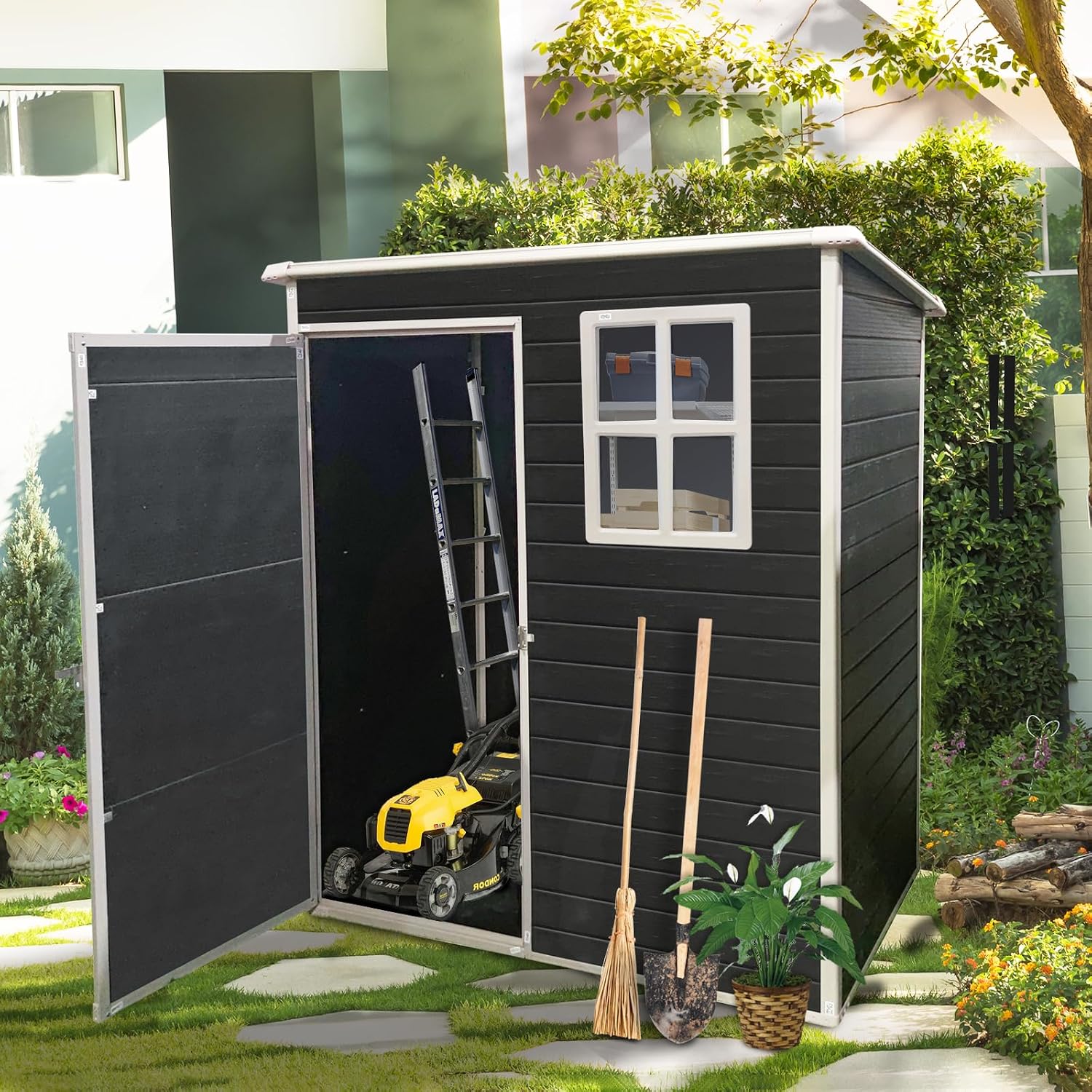 JT 5 x 3 FT Resin Outdoor Shed, Waterproof Storage Shed with Floor, Lockable Door, and Window, Garden Sheds for Backyard, Lawn, Tools (Black)