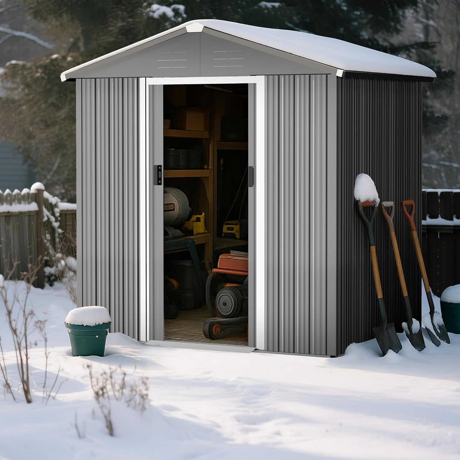 Nuu Garden Outdoor Storage Shed with Sliding Doors, Galvanized Sheet Outdoor Shed with Sloping Roof, Anti-Corrosion Garden Shed with Air Vents for Backyard Patio Lawn, Gray
