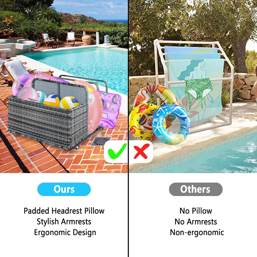 Outdoor Storage, Double Layer Poolside Float Storage, Patio Poolside Float Storage Basket, Storage Box, PE Rattan Outdoor Pool Caddy with Rolling Wheels for Floaties,Beach-Sturdy,Grey