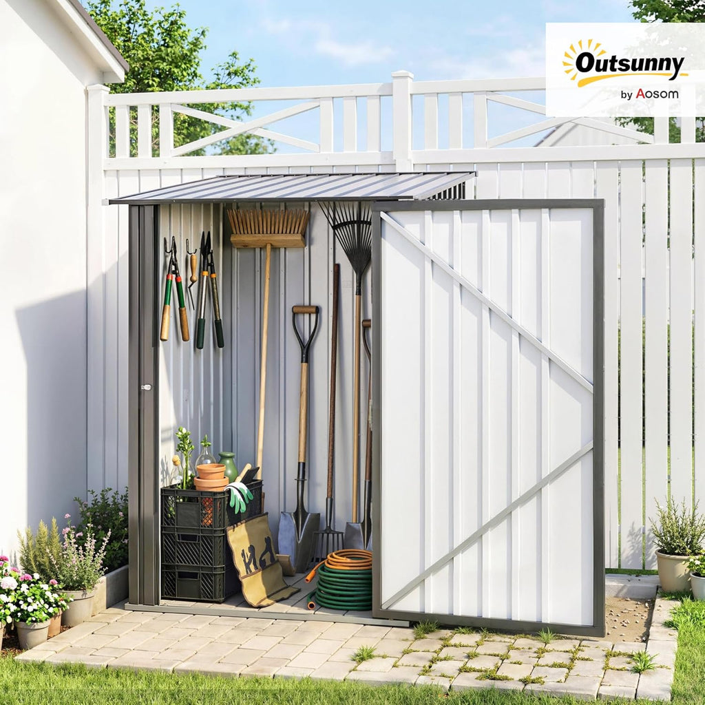Outsunny 3.3' x 3.4' Outdoor Storage Shed, Metal Garden Tool House with Sloping Roof and Lockable Door for Backyard, Bike, Patio, Garage, Lawn, Gray