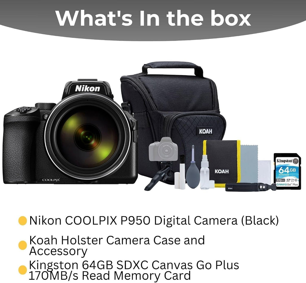 Nikon COOLPIX P950 Digital Camera (Black) Bundle with Holster Camera Case and Accessory Bundle for DSLR, Mirrorless, and Camcorders, 64GB SDXC Canvas Go Plus 170MBPS Read Memory Card (3 Items)
