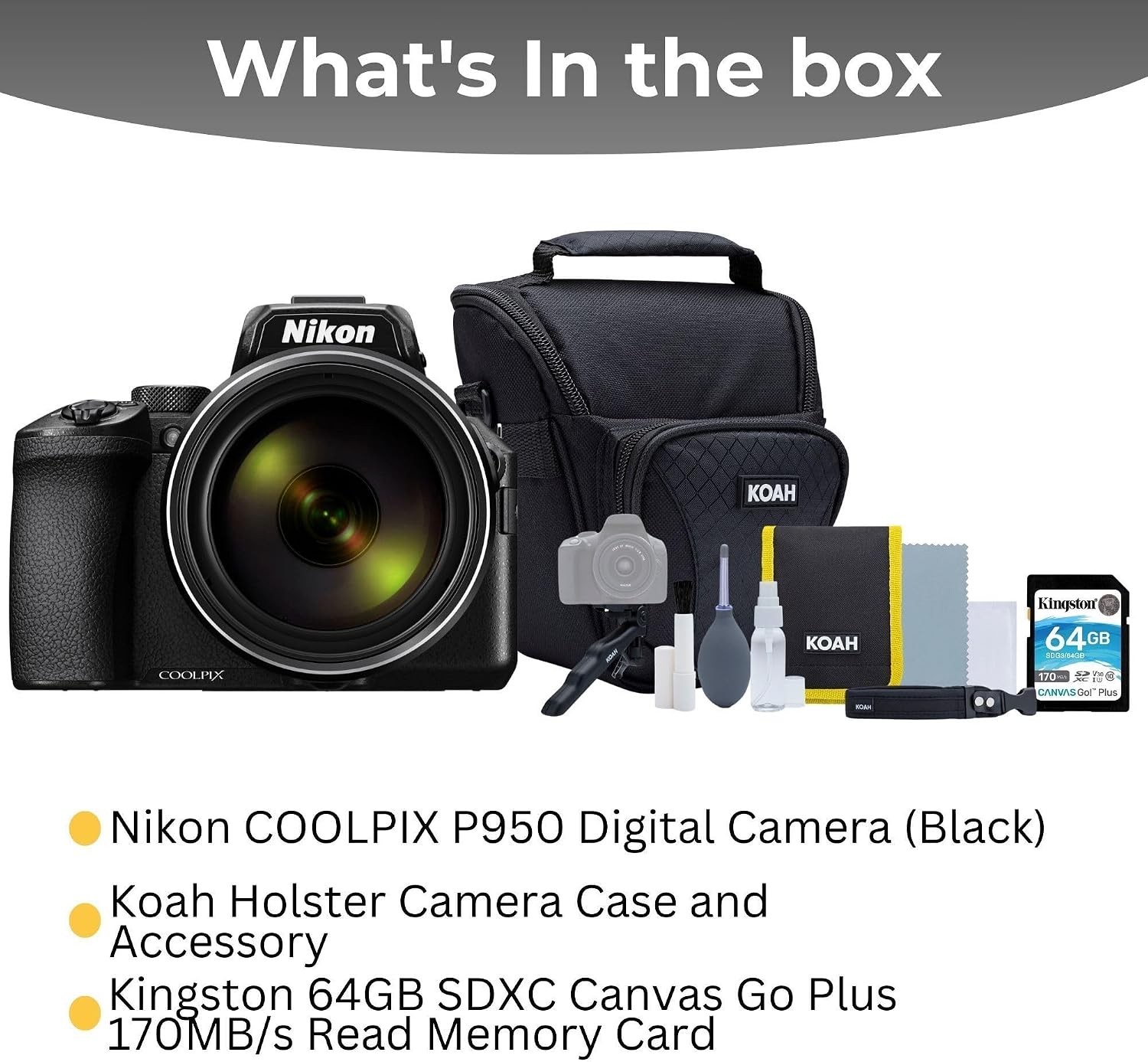 Nikon COOLPIX P950 Digital Camera (Black) Bundle with Holster Camera Case and Accessory Bundle for DSLR, Mirrorless, and Camcorders, 64GB SDXC Canvas Go Plus 170MBPS Read Memory Card (3 Items)