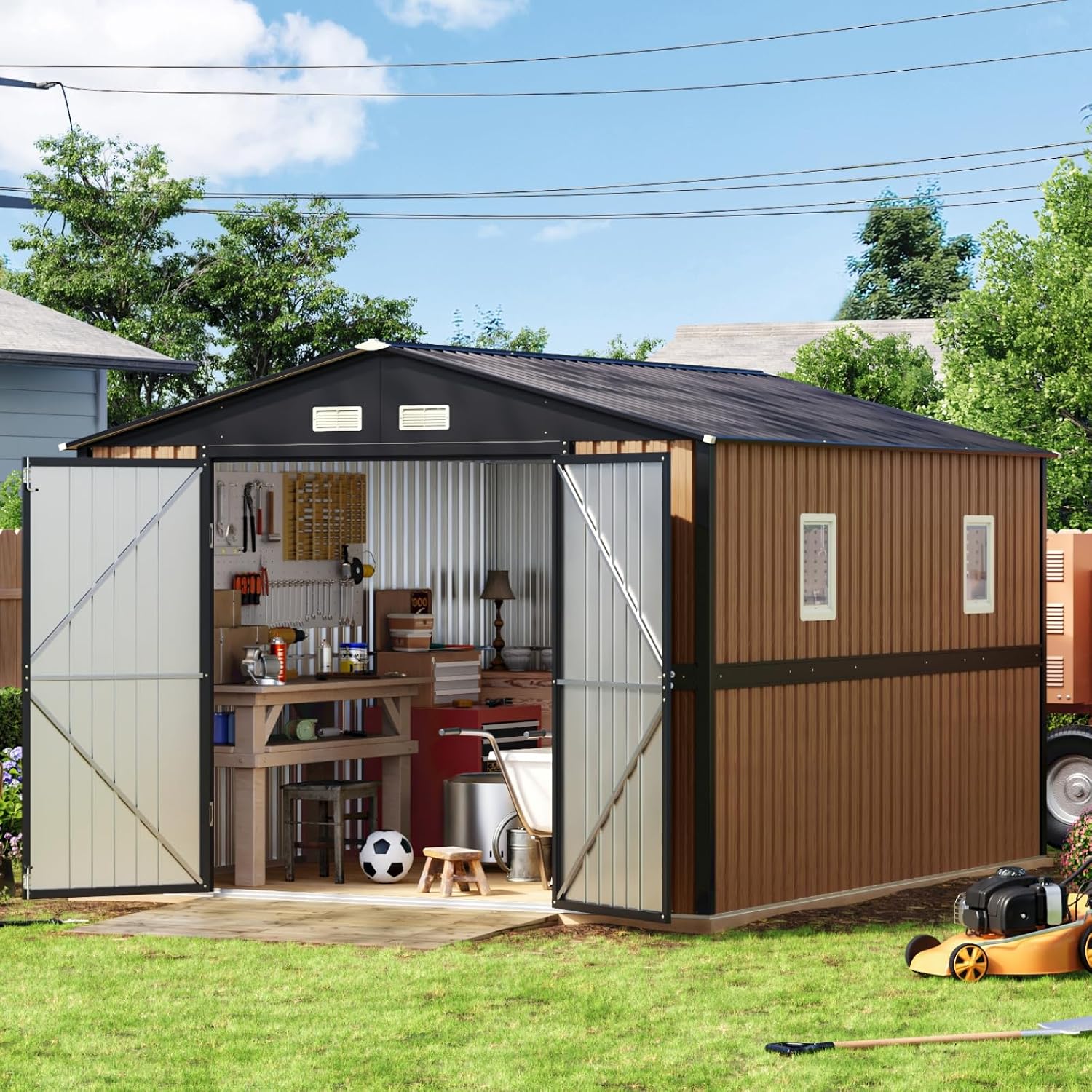 Panovue 10X12 FT Outdoor Steel Storage Shed with Lockable Doors, 2 Windows, Garden Shed Ideal for Backyard, Patio Storage,Chicken Coop(Wood Panels & Frame Floor Not Included)