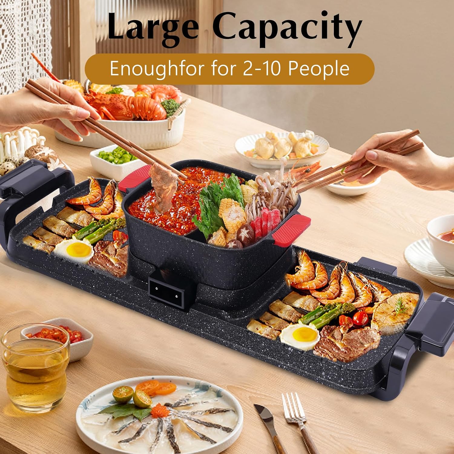 2-in-1 Barbecue Hot Pot, Indoor Korean BBQ & Grill, Non-Stick Electric Shabu Pot with Dual Temperature Control, Smoke-Free Portable Stove for 2-10 People, 110V