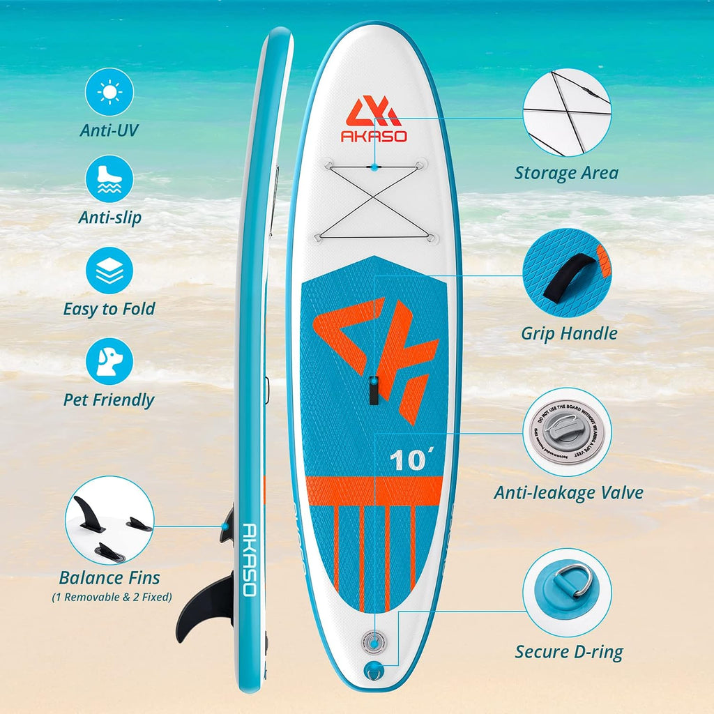 AKASO Inflatable Stand-Up Paddleboard, Yoga SUP with Backpack, Non-Slip Deck, Waterproof Bag, Leash, Floating Paddle and Hand Pump