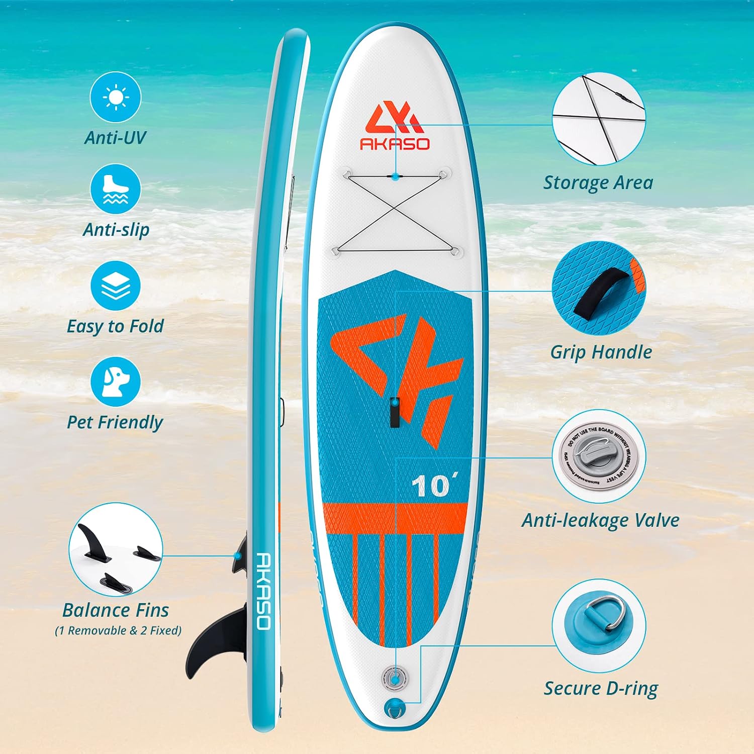 AKASO Inflatable Stand-Up Paddleboard, Yoga SUP with Backpack, Non-Slip Deck, Waterproof Bag, Leash, Floating Paddle and Hand Pump