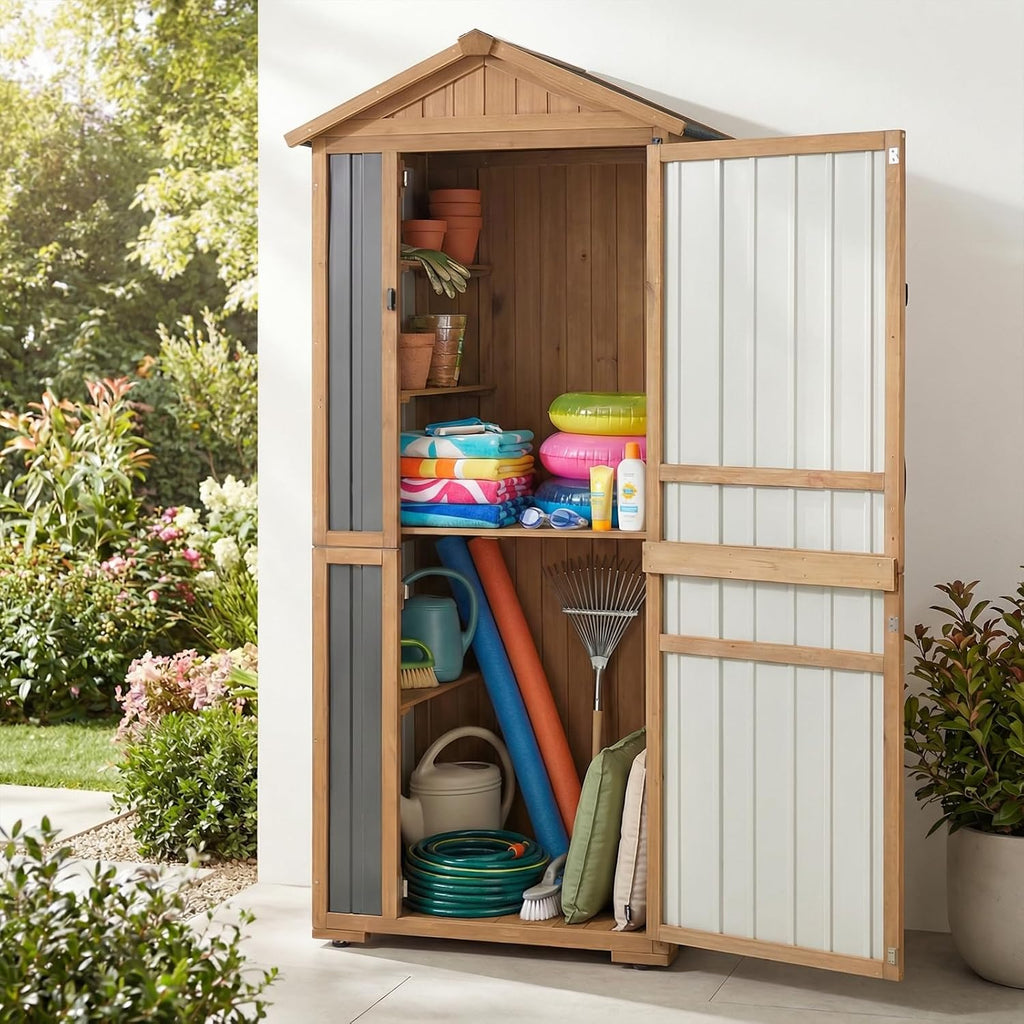 4-Tier Metal & Wood Outdoor Storage Cabinet with Reinforced Frame, Weatherproof Asphalt Roof, Adjustable Shelves, Lockable Doors for Patio, Garden, Garage Organization