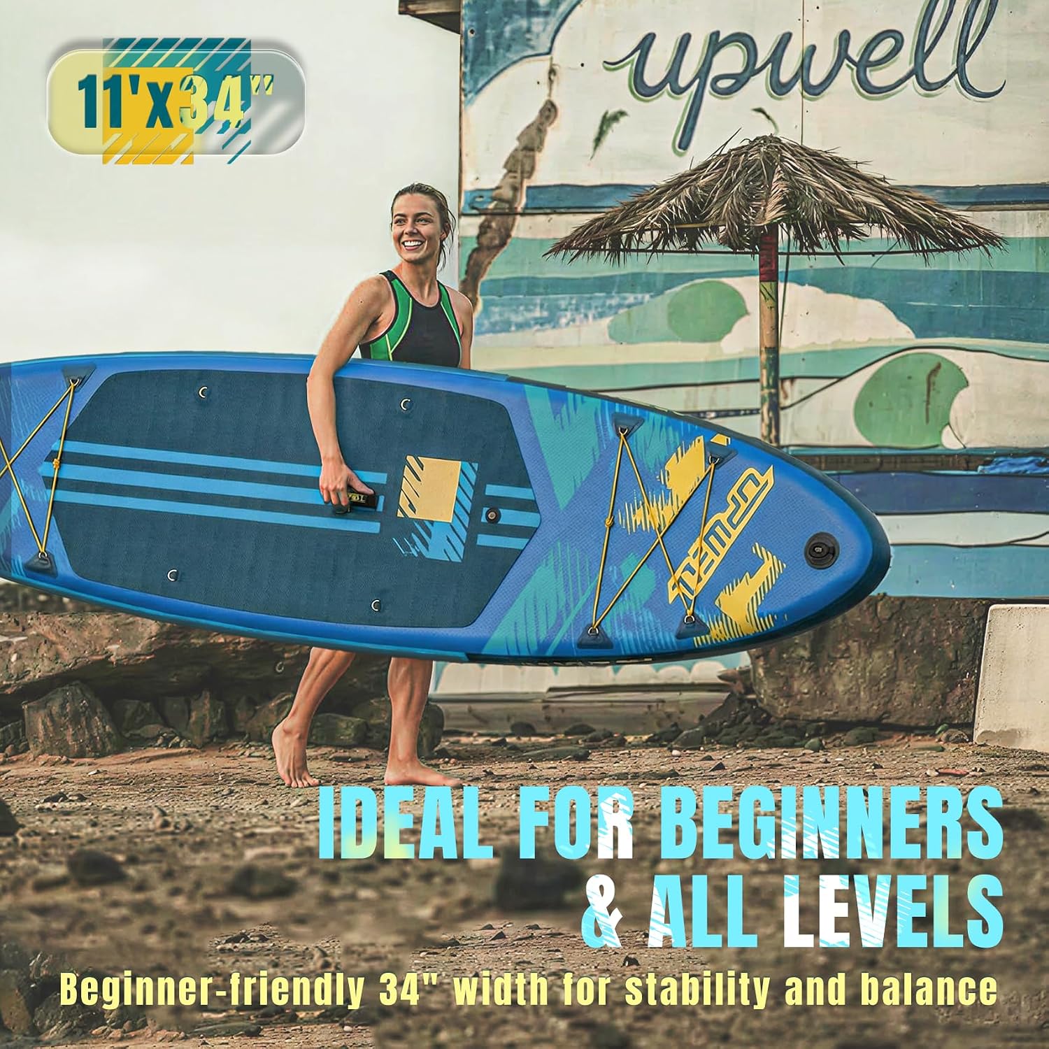 UPWELL 11'×34' Stand Up Paddle Board, SUP Board for Adults & Teens, Inflatable SUP Board with Premium Accessories, 120L Backpack, Paddle, Leash, Hand Pump, Fins