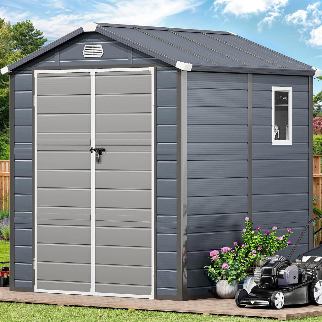 YITAHOME 6x6FT Resin Storage Unit sans Flooring, All-Weather Plastic Shed with Window, Vents and Secured Doors, Outdoor Plastic Tool Cabin for Poolside, Lawn, Backyard, Patio, Dark Gray