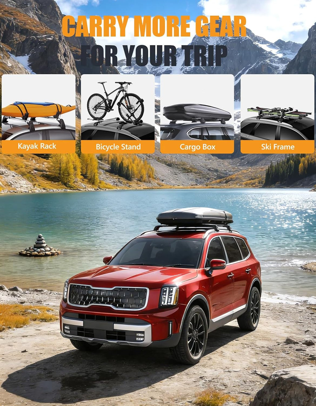 KINGGERI 330lbs Roof Rack Cross Bars Fit for Kia Telluride 2019 2020 2021 2022 2023 2024 2025 2026 EX S SX SX-Prestige, Lockable Heavy Duty Aluminum Roof Rails Crossbars (Not for LX, X-Line or X-Pro)