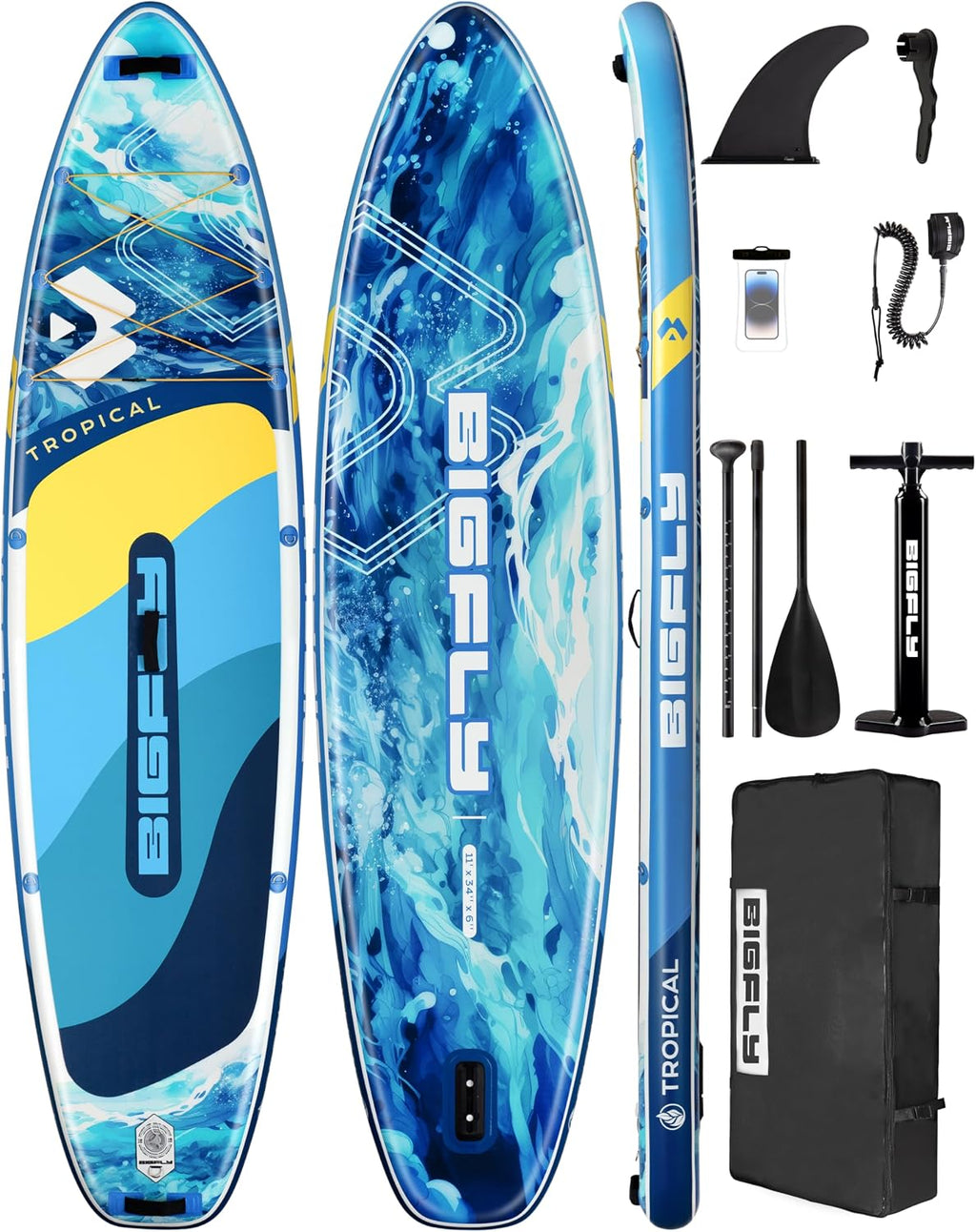 Bigfly Inflatable Stand Up Paddle Board 11'*34'*6', Blow Up Paddle Board for Adults,with Detachable Fins, Pump, Floating Paddle, Safety Leash,Backpack