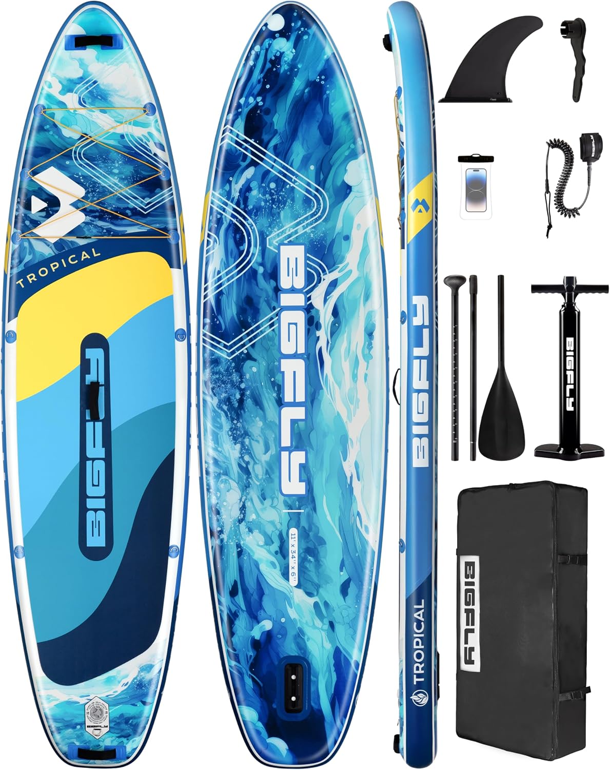 Bigfly Inflatable Stand Up Paddle Board 11'*34'*6', Blow Up Paddle Board for Adults,with Detachable Fins, Pump, Floating Paddle, Safety Leash,Backpack