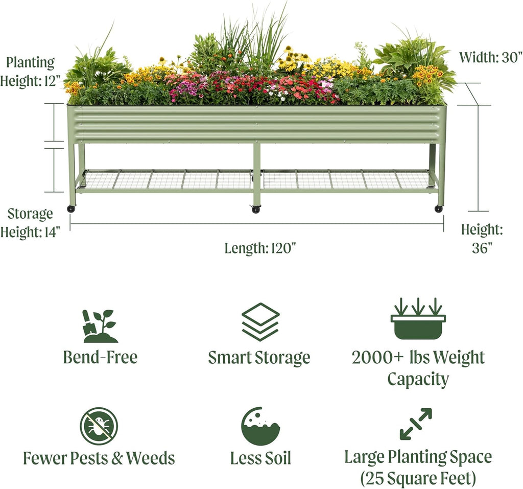 Rolling Elevated Raised Garden Bed - Jumbo Series, 2.5' x 10' Outdoor Planters Boxes with Legs & Storage Rack for Patio, 2000+ Lbs Weight Capacity, Raised Beds for Gardening Herbs Flowers, Olive Green