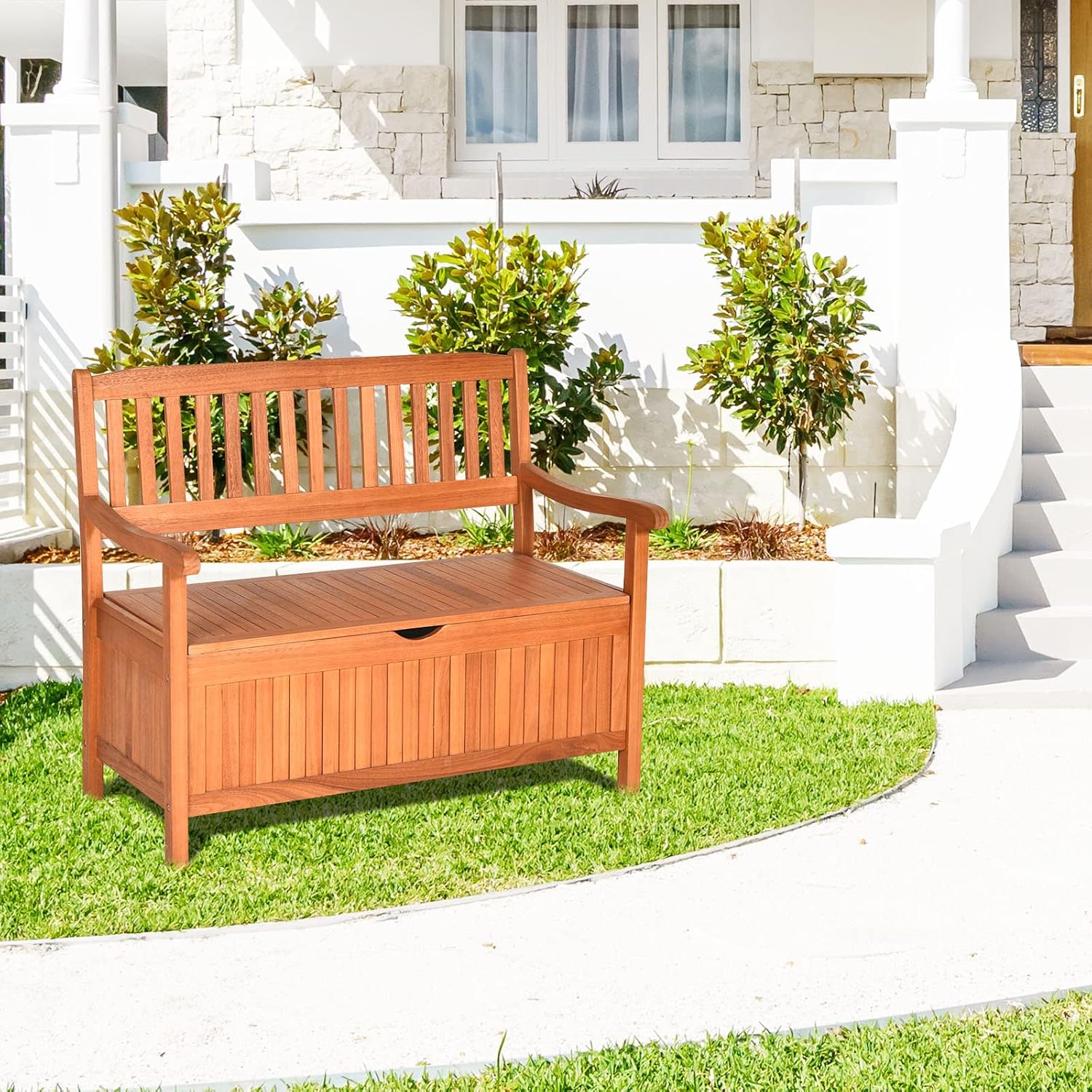 Giantex Wooden Outdoor Bench, Outside Deck Box with Seating, 800 lbs Capacity, Dustproof Liner, Wood Storage Loveseat for Pool Front Porch Garden Lawn Decor, Eucalyptus Patio Bench
