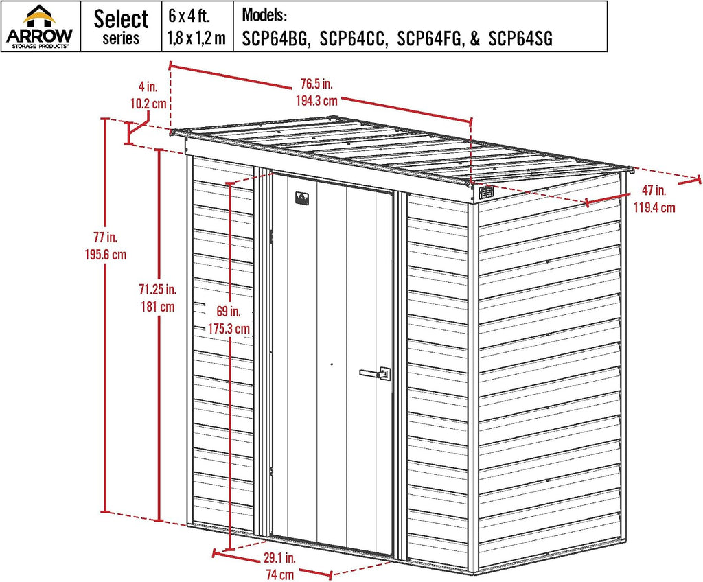 Arrow Select 6' x 4' Outdoor Lockable Steel Storage Shed Building, Flute Grey