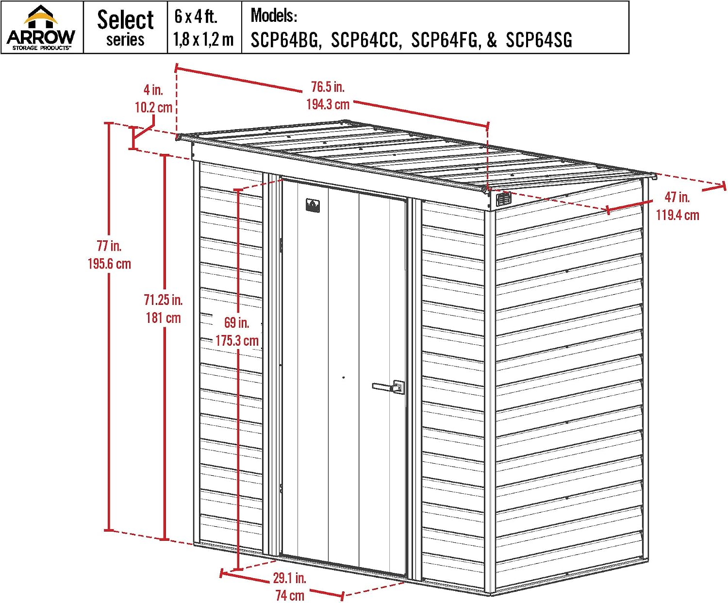 Arrow Select 6' x 4' Outdoor Lockable Steel Storage Shed Building, Flute Grey