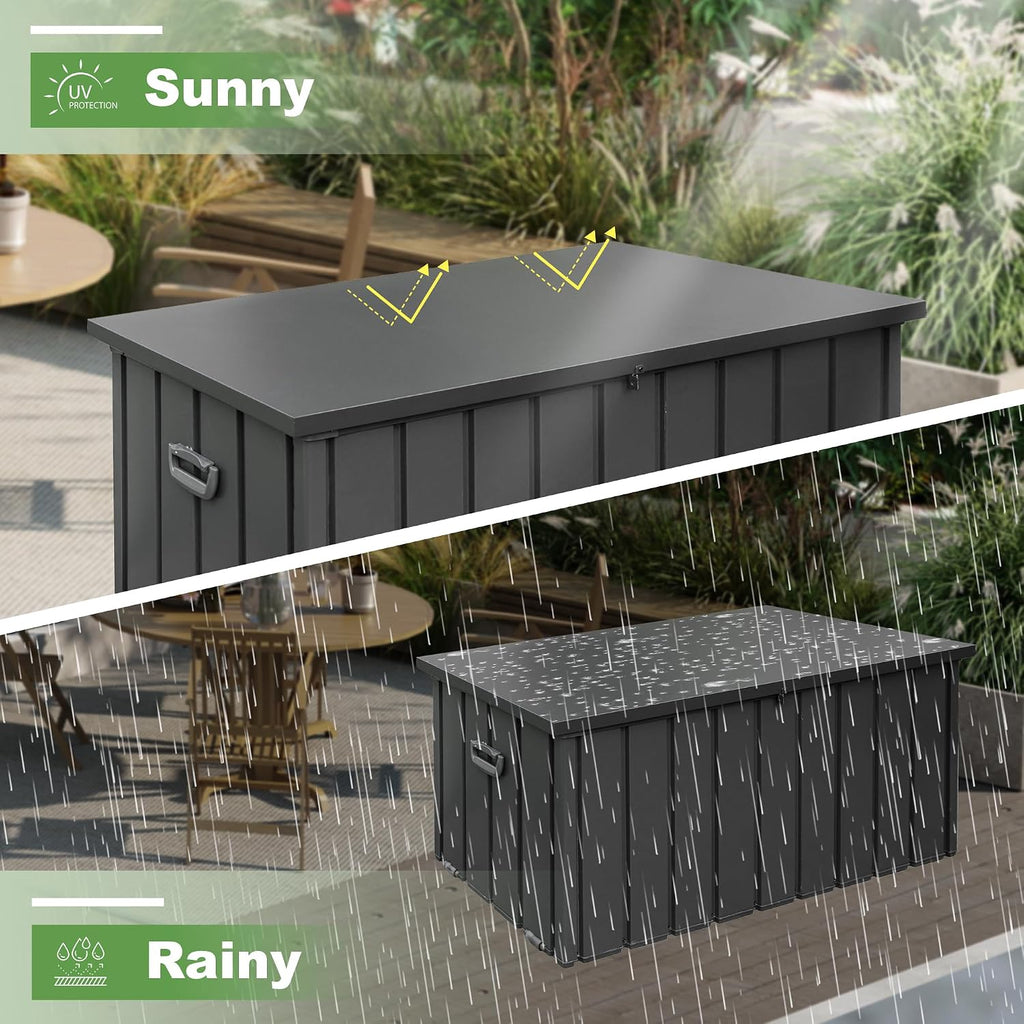 Domi 100 Gallon Deck Box, Outdoor Metal Lockable Storage Cabinet, Waterproof Steel Outdoor Bench with Lockable Lid, Side Handles & Rolling Casters for Outside Cushions, Pillows, Garden Tools, Grey